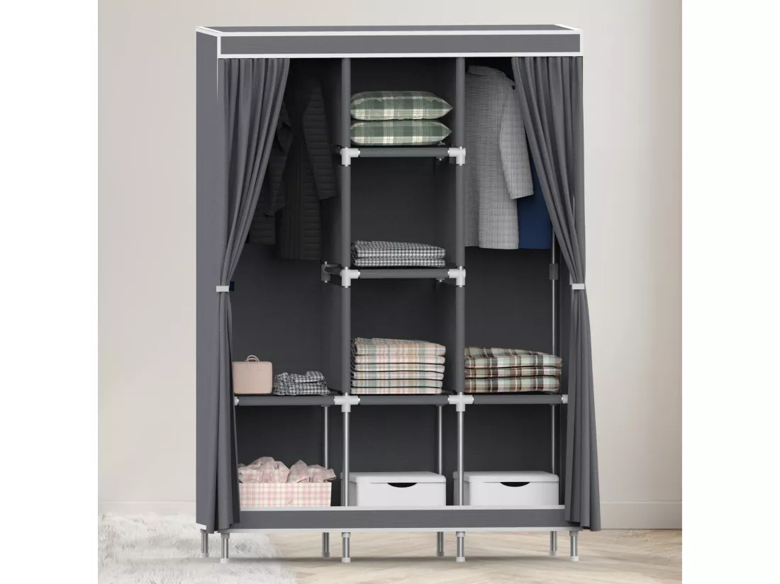 Armoire Triple Tissu avec Rideaux Coulissants Blanc/Gris 118x45x169cm Thinia Home
