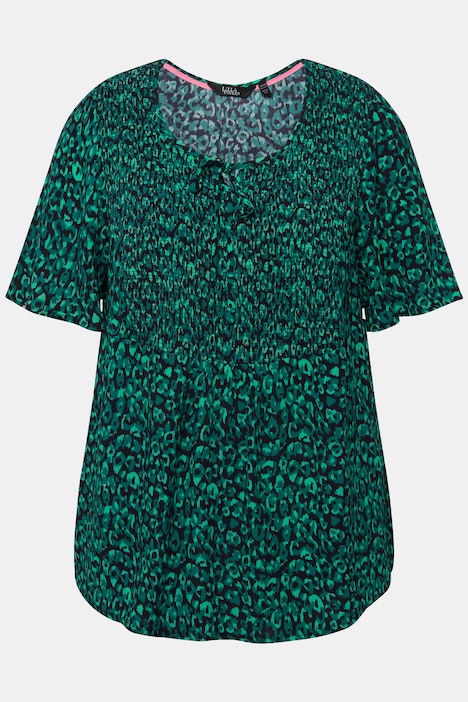 Smok-Bluse, Leomuster, A-Linie, Rundhals, Halbarm