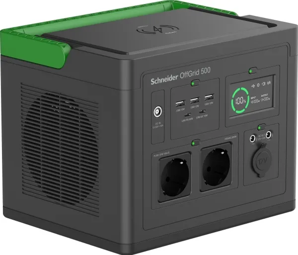 Schneider OffGrid 500 - Transportabel strømstation - LCD, lithium-ion, 2 CEE 7/3 schuko stik, sinusbølge, 3 USB-A, 2 USB-C, trådløs oplader - AC 195 - 265 / DC 12 -30 V - 500 Watt - Litiumion - 517 Wh - output-stikforbindelser: 2 - sort, grøn