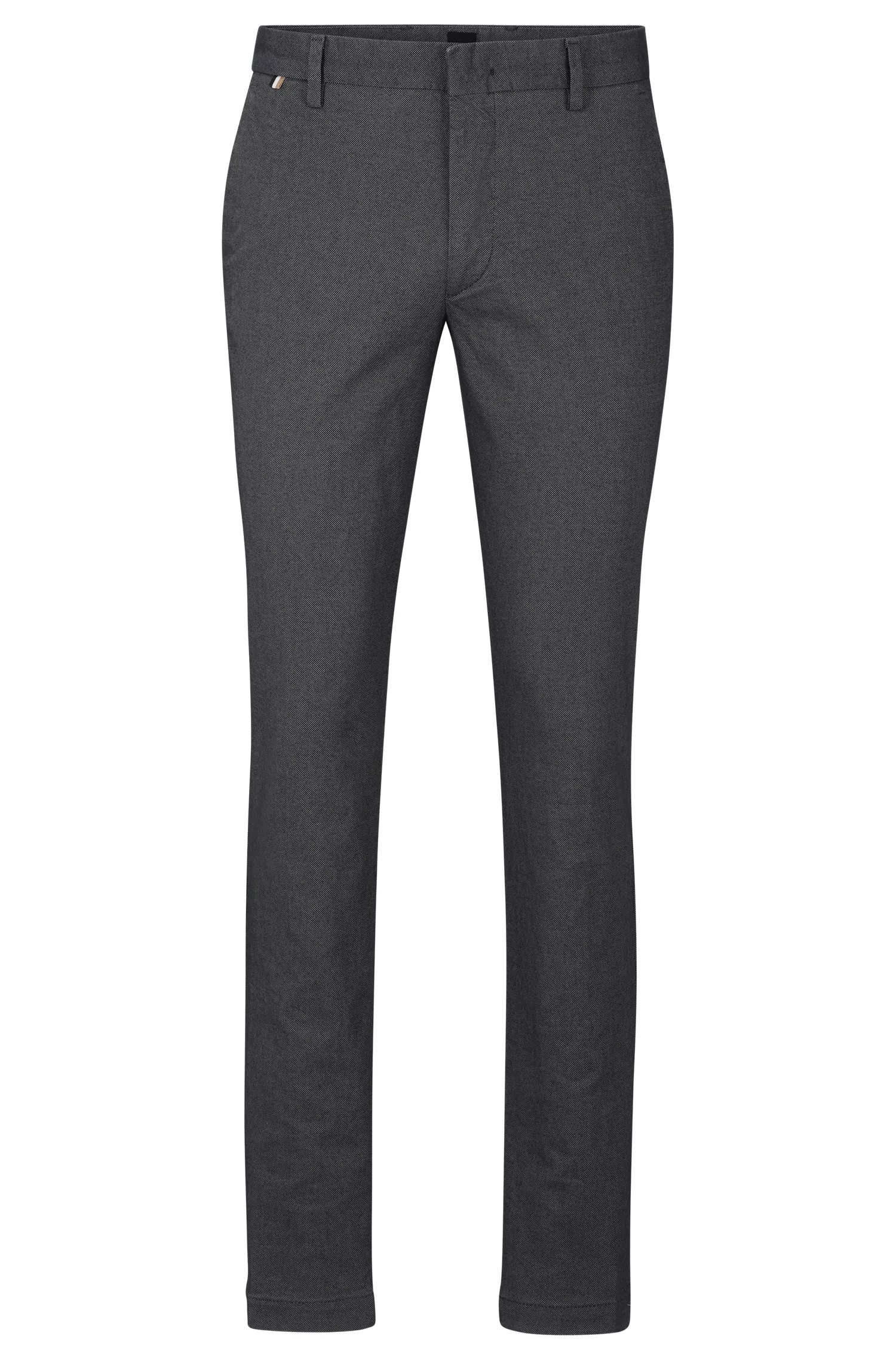 Calça chino BOSS preta, corte slim, em algodão elástico bicolor.