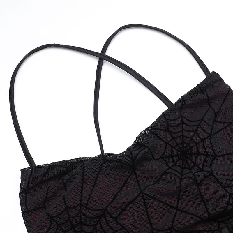 meadowdrop - Halter coltrui met spinnenwebprint en open rug van mesh, maxi-zeemeerminjurk
