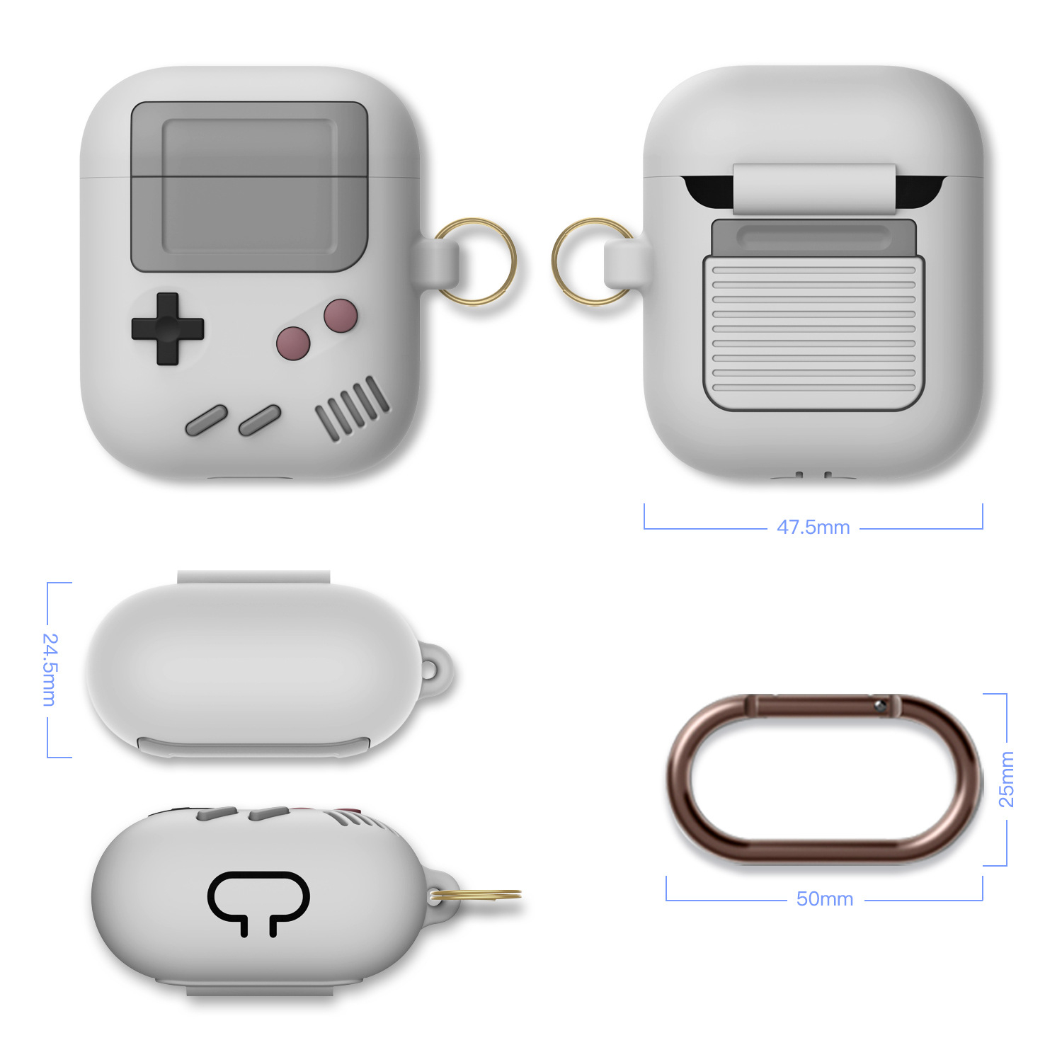 AirPods (1. & 2. Generation) Gummi Schutzhülle Retro Spielekonsole Abdeckung mit Karabinerhaken - Grau