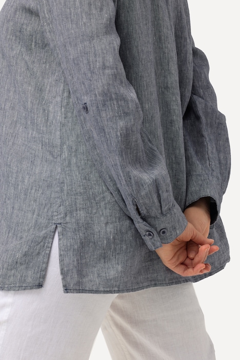 Bluse, Leinen, offener Kragen, Langarm