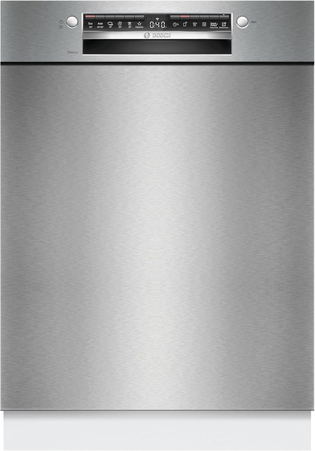 SMU4HTS00E Serie 4, Geschirrspüler 60 cm breit, unterbaufähige Spülmaschine mit Besteckkorb, Silence Programm, Extra Trocknen, Vario Flex Körbe, Rackmatik, Home Connect, Gebürsteter Stahl