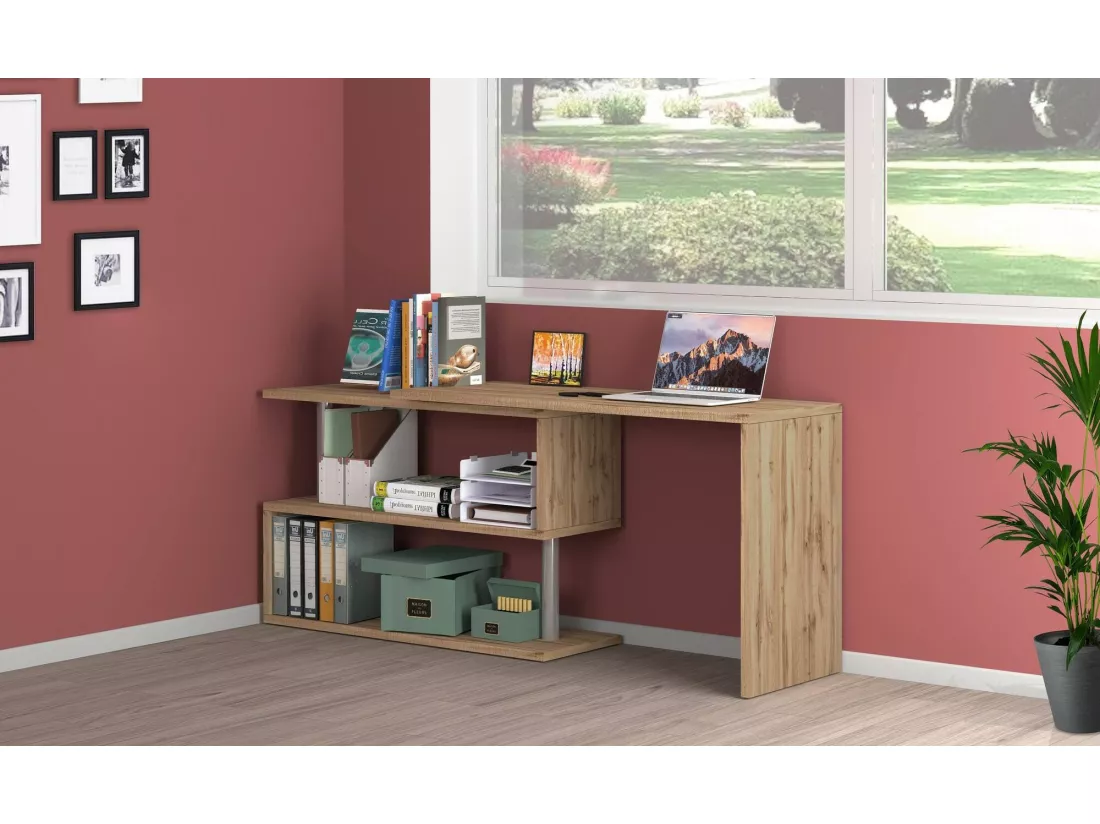 Bureau Candido, Bureau PC d'angle, Table de bureau polyvalente, Bureau gain de place multi-positions, 100% Made in Italy, 120x50h75 cm, Chêne