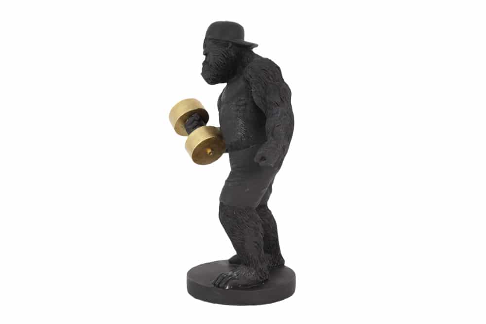 Deko-Figur KING APE 30cm schwarz gold Gorilla mit Hantel handmade