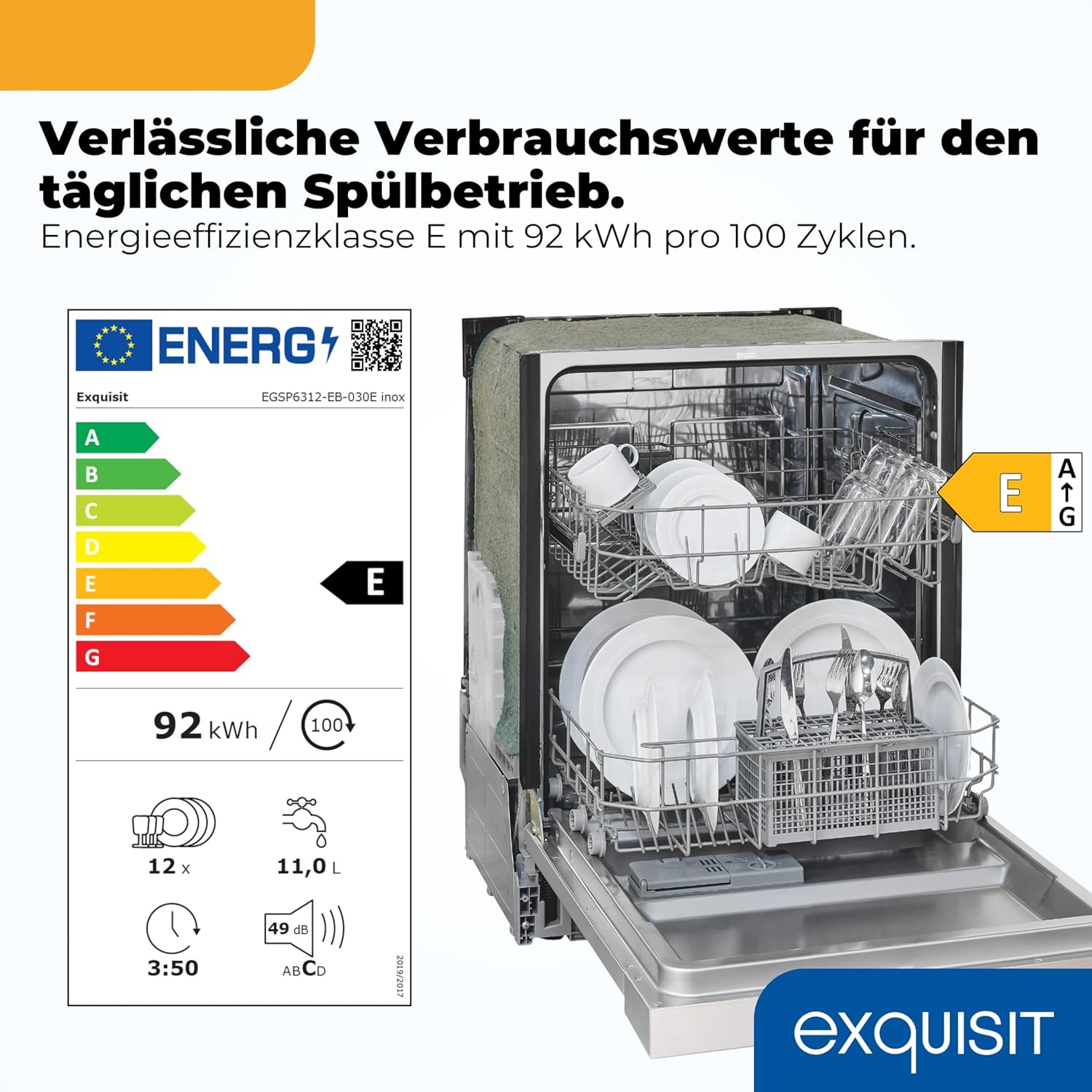 Exquisit Einbau-Geschirrspüler EGSP56312-EB-030E | 12 Maßgedecke | 7 Programme, Eco, Power+, Extra-Trocknung | Inox