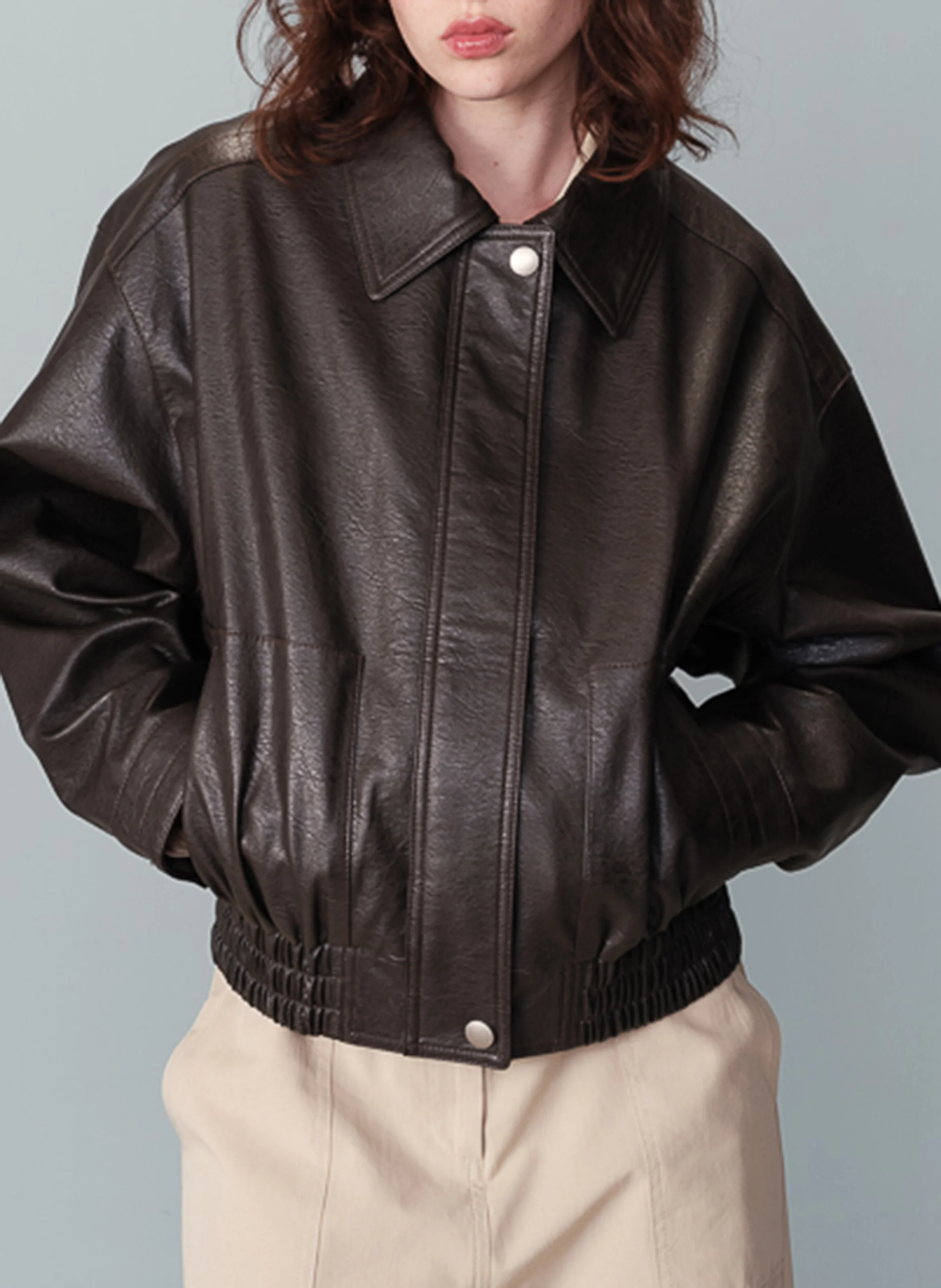 NELLY - Blouse bombardier ample effet cuir| Marron