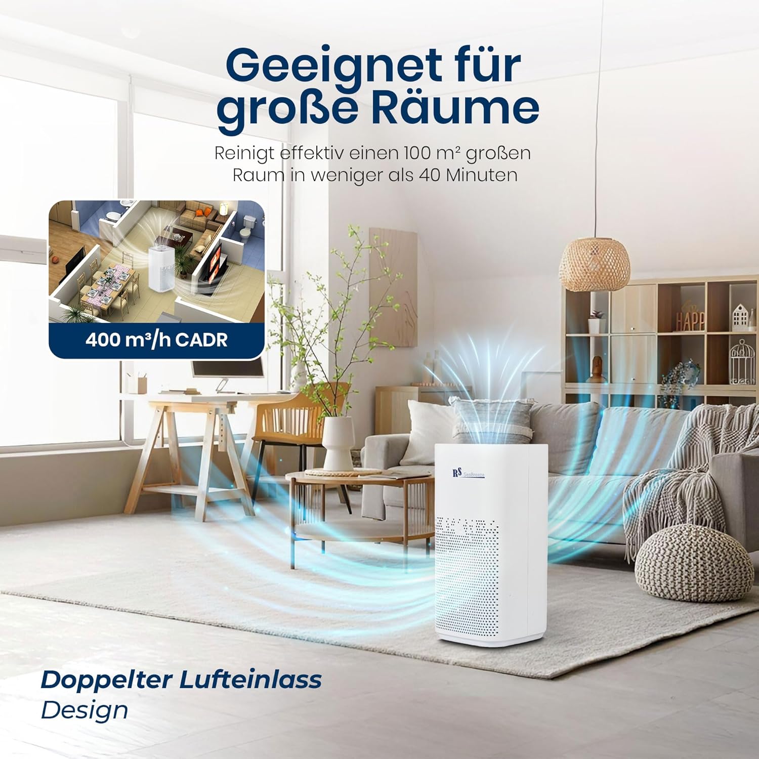Luftreiniger 7-in-1 mit HEPA & Aktivkohlefilter, UV-C & PM2,5– Ionisator, leiser Air Purifier & Luftfilter Wohnung für Allergiker gegen Staub, Pollen, Rauch & Tierhaare, 400m³/h CADR