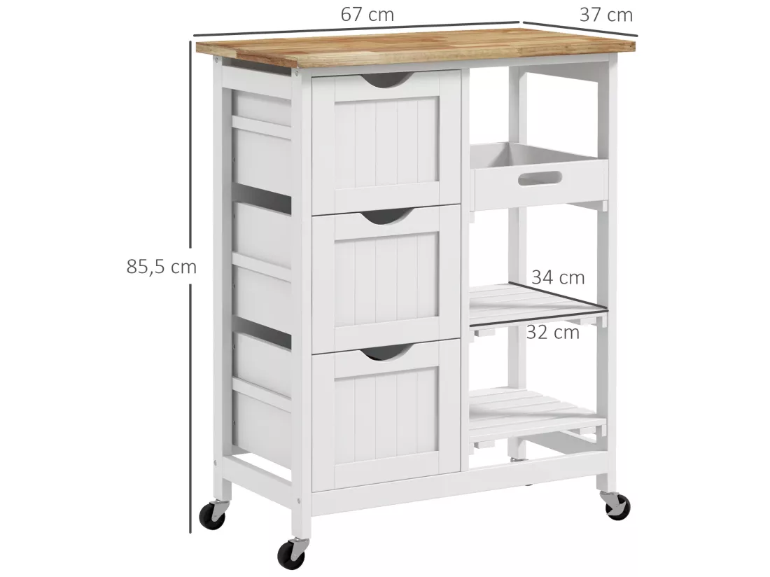 Desserte de cuisine multi-rangement - 3 tiroirs, 2 étagères, plateau amovible - MDF blanc bois hévéa