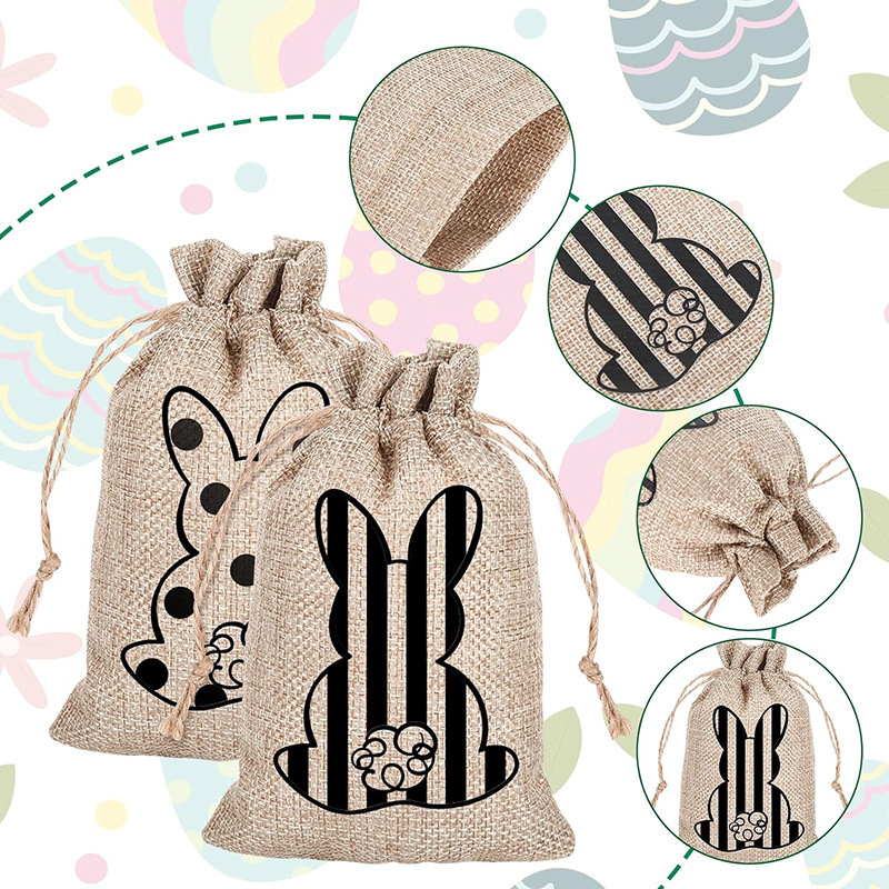 (24er Set) Jute Osternest Beutel Osterhase Candy Gift Bag mit Kordelzug - Braun