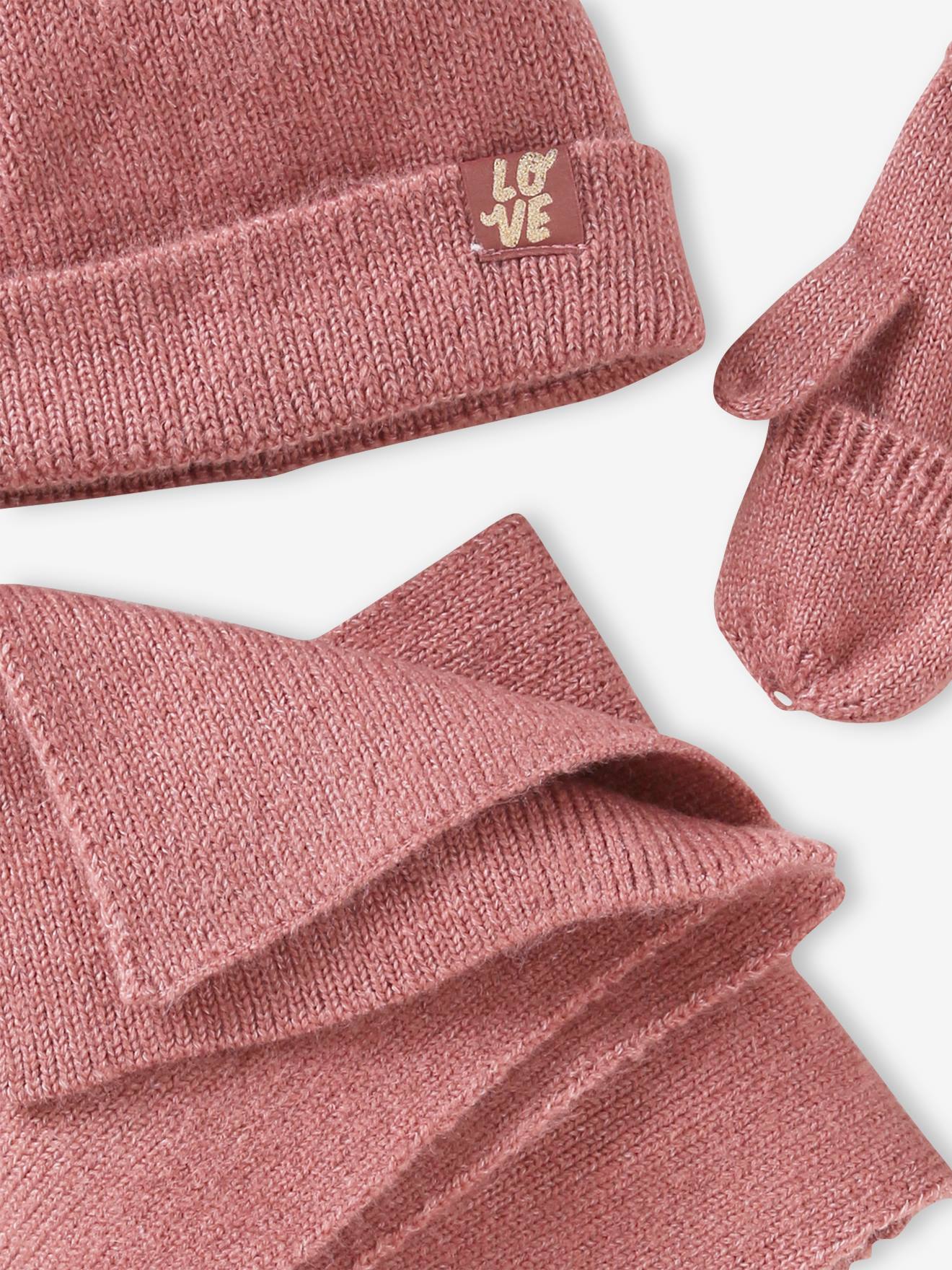 Conjunto infantil de malha canelada: gorro + cachecol + luvas/mitenes na cor rosa antigo