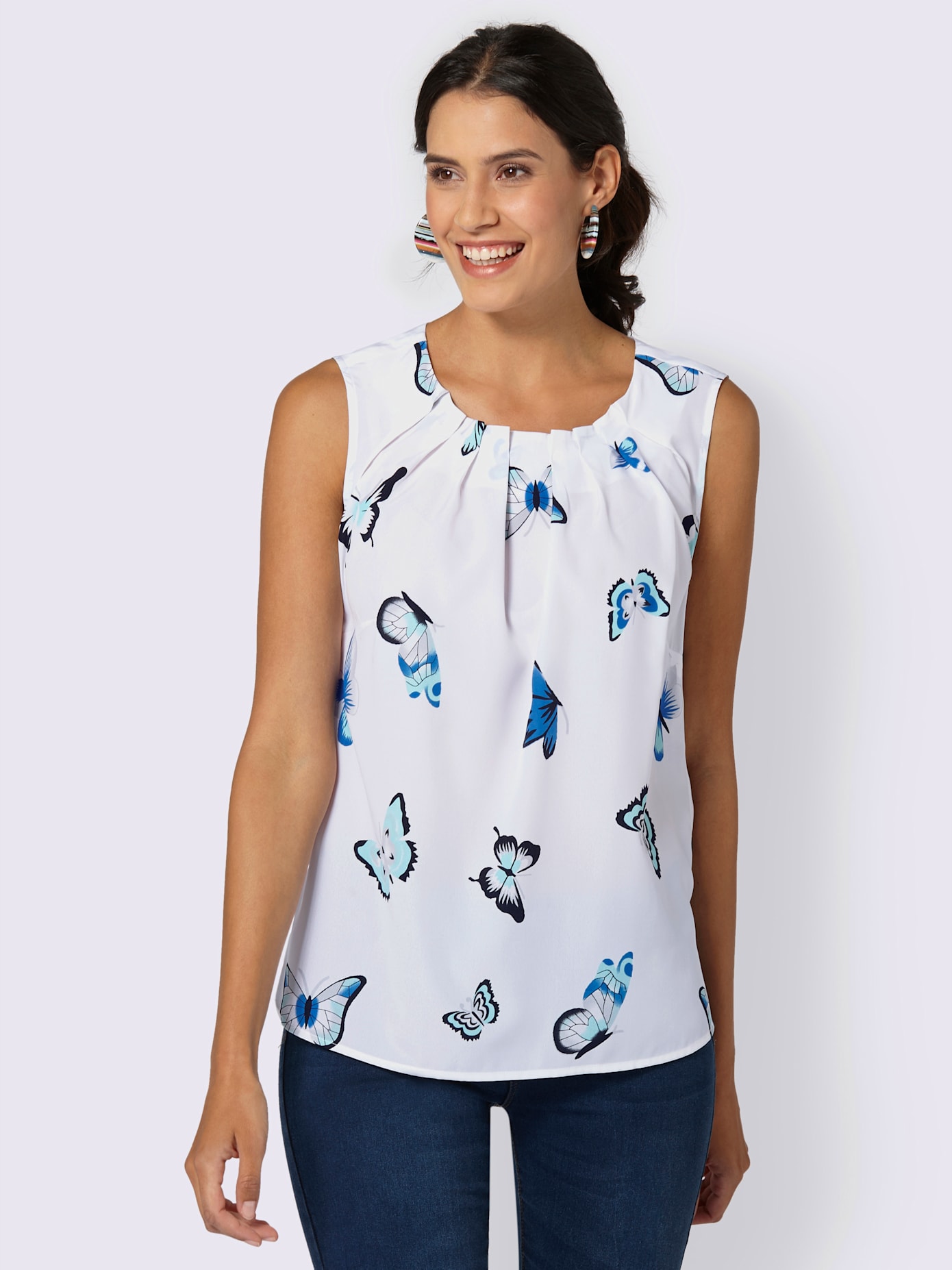 Blouse fluide sans manches imprimé col rond avec plis décoratifs
