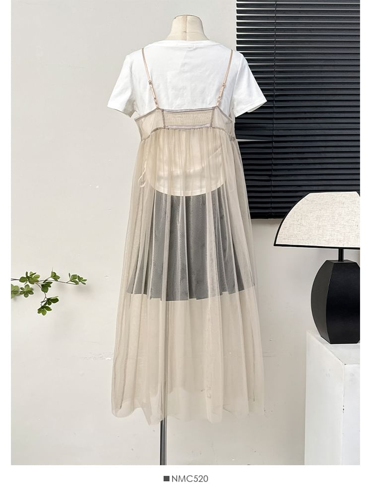 Lemongrass - Mouwloze V-hals mesh lange jurk in 6 kleuren