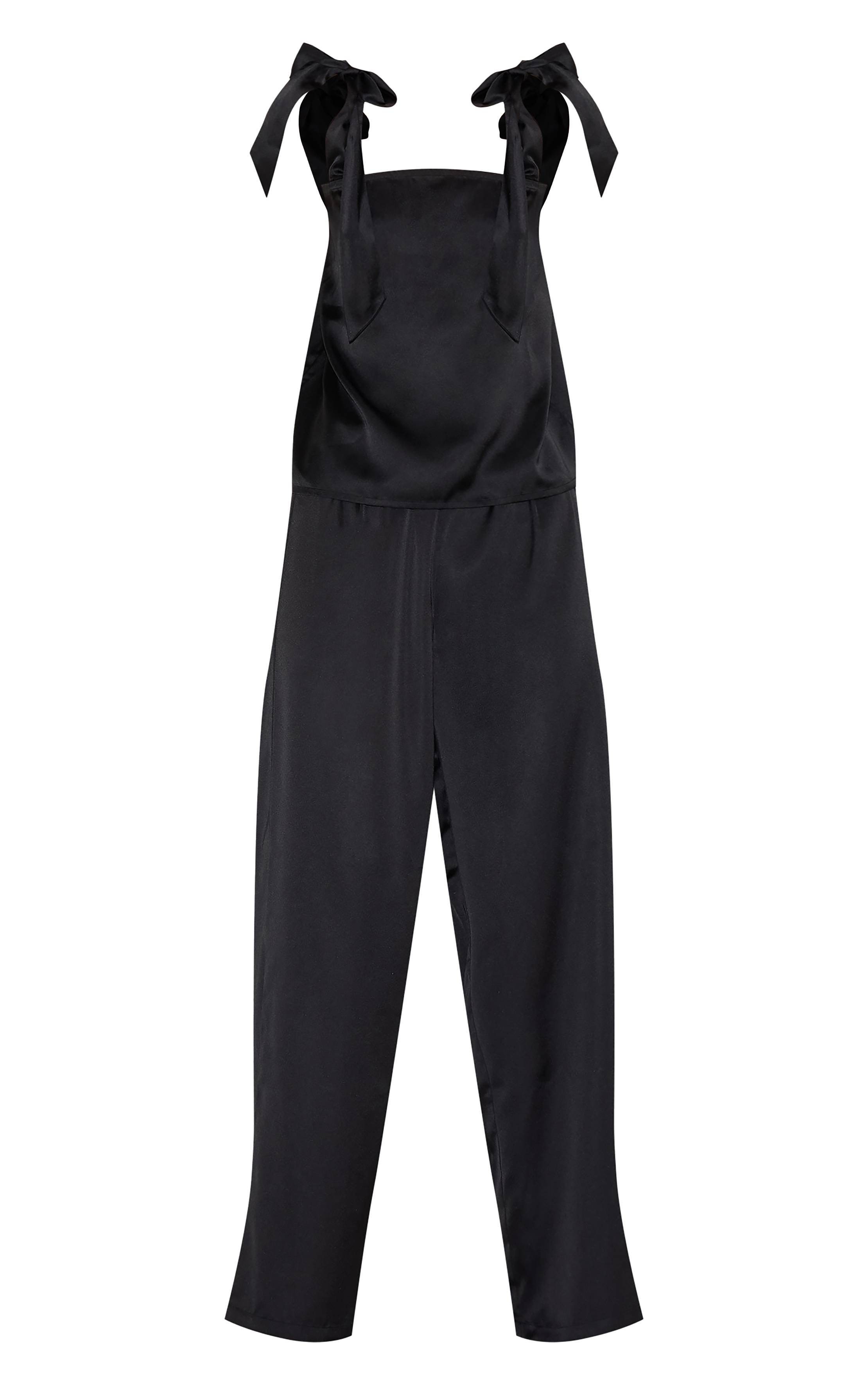 Noir Ensemble Pyjama Long Caraco En Satin Avec Nœud Ruban