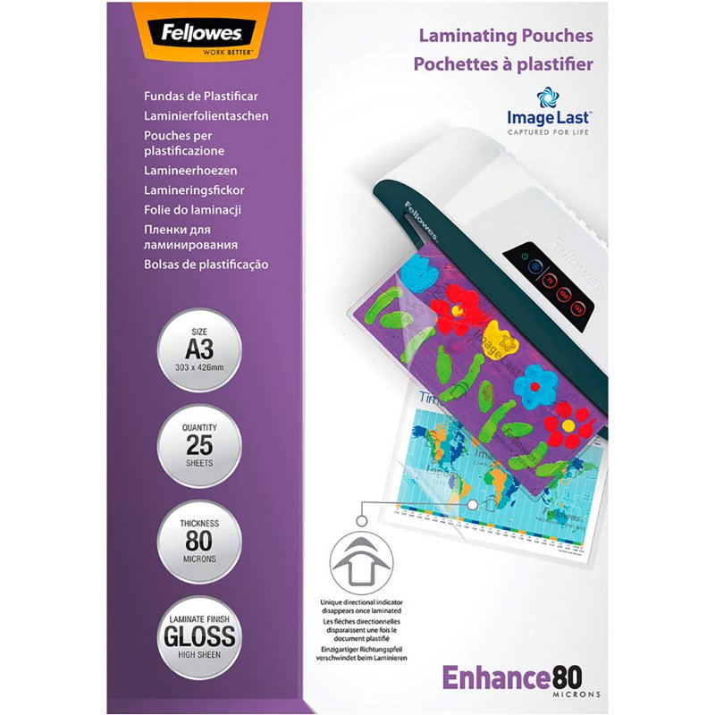 Pochettes de plastification Fellowes A3 2 x 80 µ brillantes - Boite de 25
