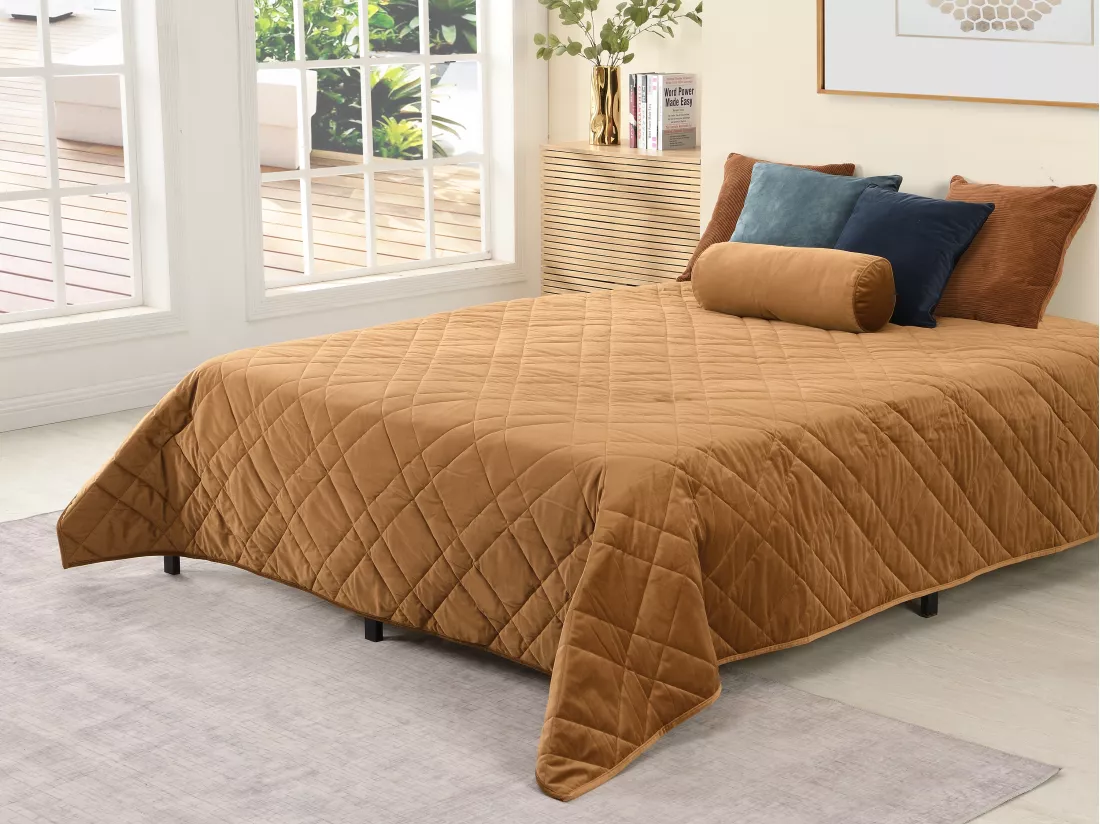 Couvre lit en velours matelassé - 220 x 225 cm - Camel - PRILIO