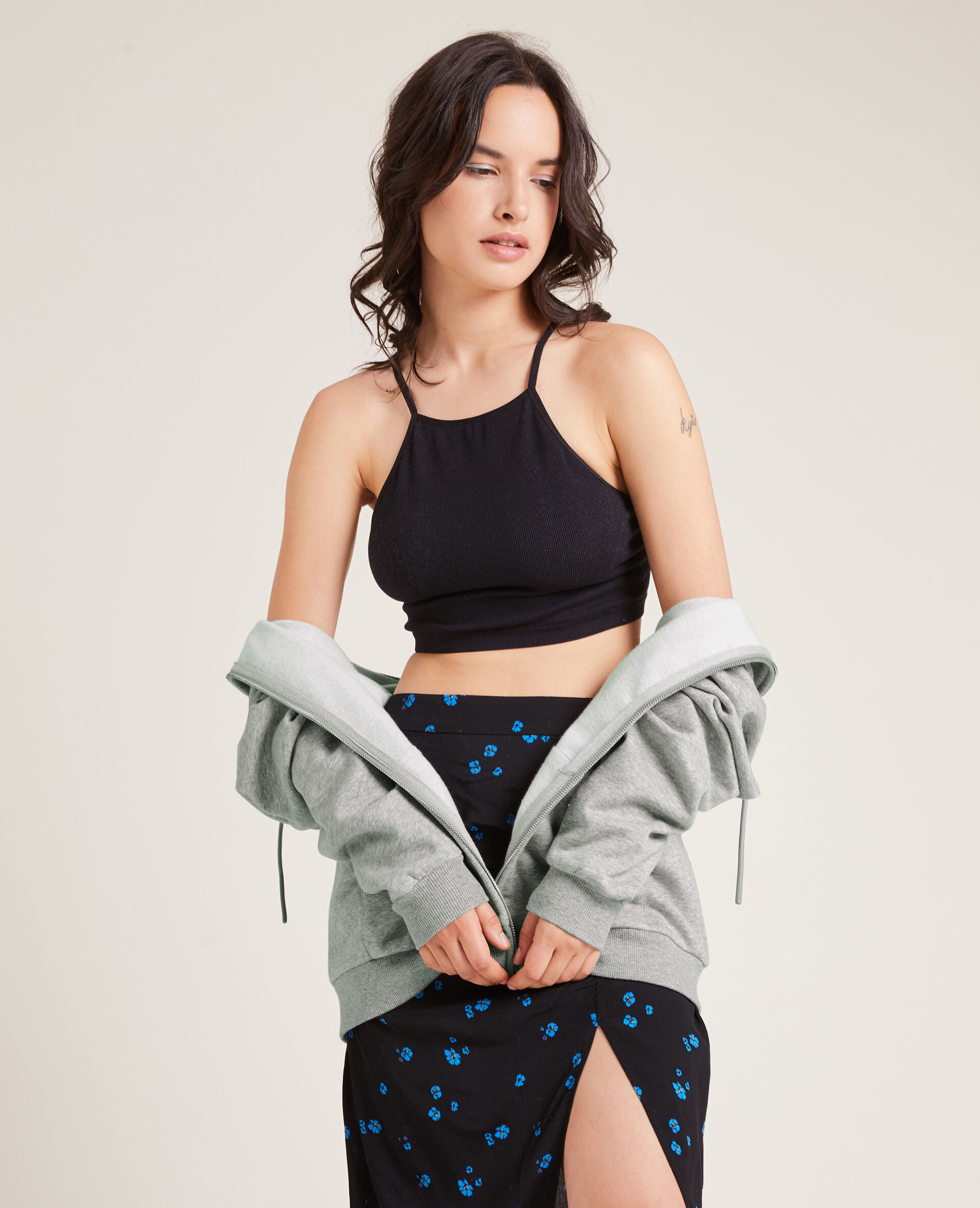 Sweat zippé avec capuche - Gris chiné