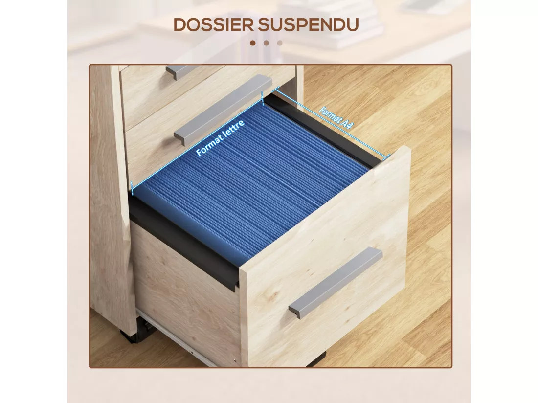 Caisson de bureau rangement bureau sur roulettes 3 tiroirs 1 verrouillable 1 trieur dossiers MDF panneaux chêne clair