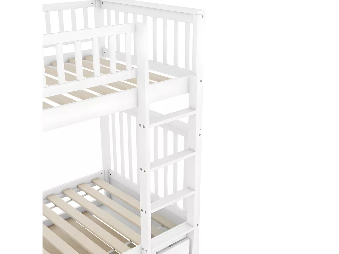 Lit superposé 2x90x200cm avec un lit gigogne 90x190cm - avec garde-corps et escalier - Blanc