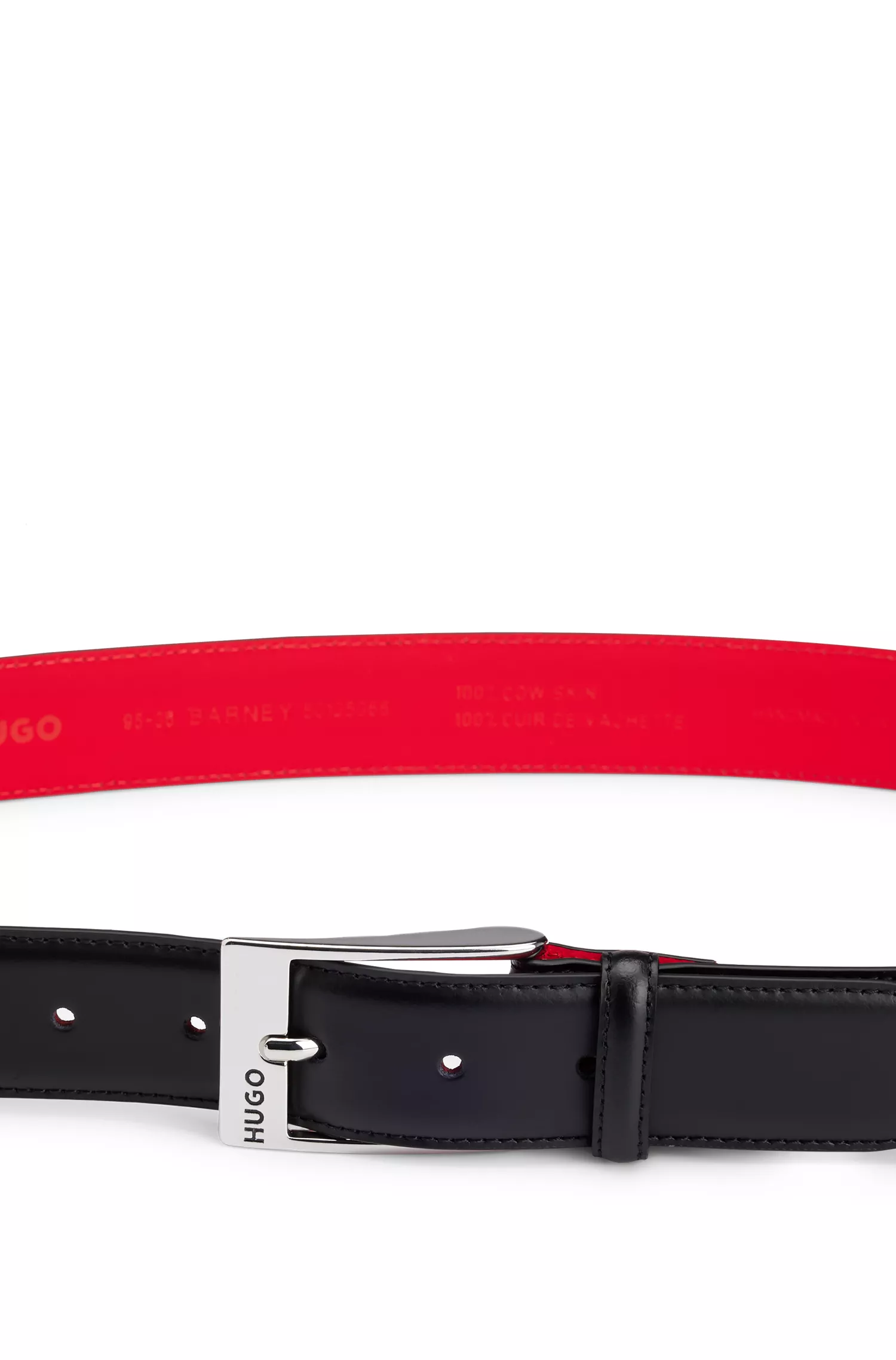Cinto HUGO vermelho, fabricado na Itália, em couro liso com fivela com o logotipo.