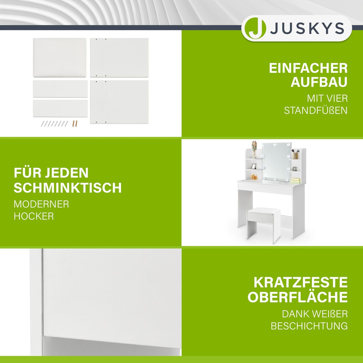 Juskys Schminktisch Hocker Melly aus Holz mit gepolstertem Kissen & Bezug aus Kunstleder in Weiß