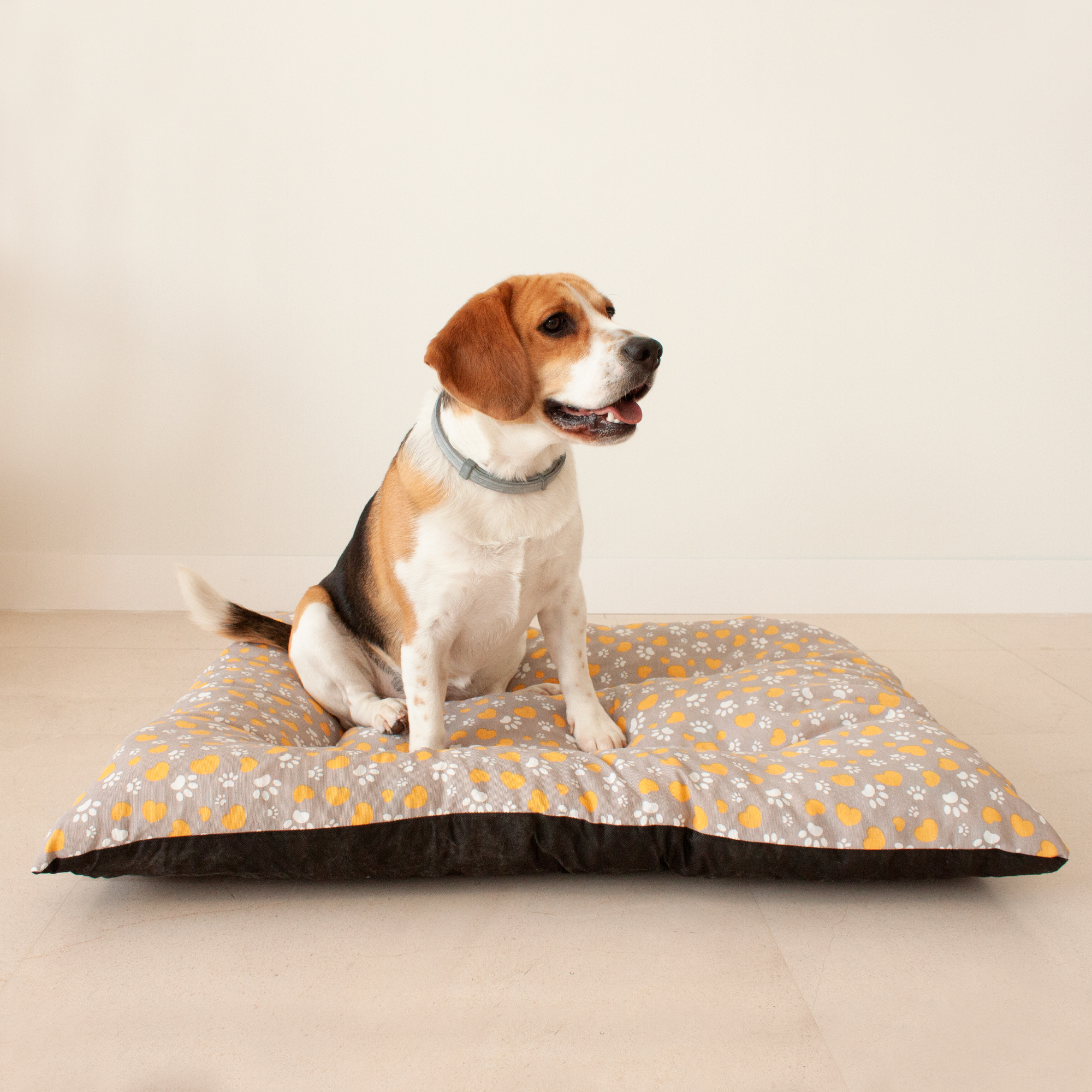 Almofada grande acolchoada para animais de estimação. Cinza com corações amarelos e pegadas brancas. 85x70x10 cm