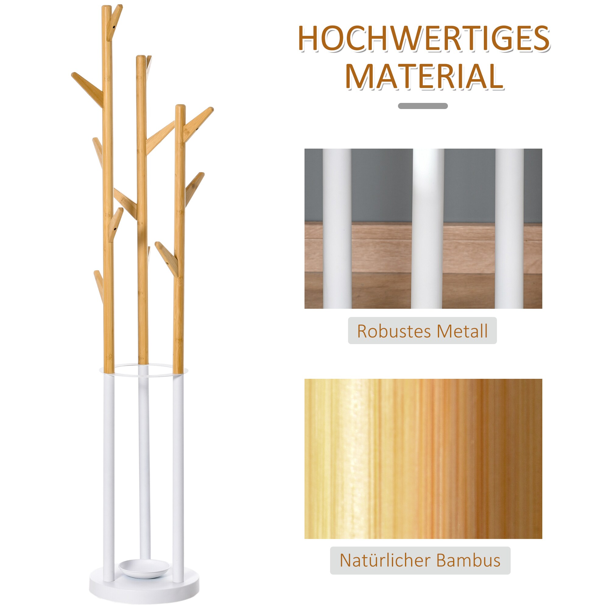 HOMCOM Garderobenständer mit 13 Haken, moderner Schirmständer Natur/Weiß 30,5 x 30,5 x 174,5 cm (BxTxH)