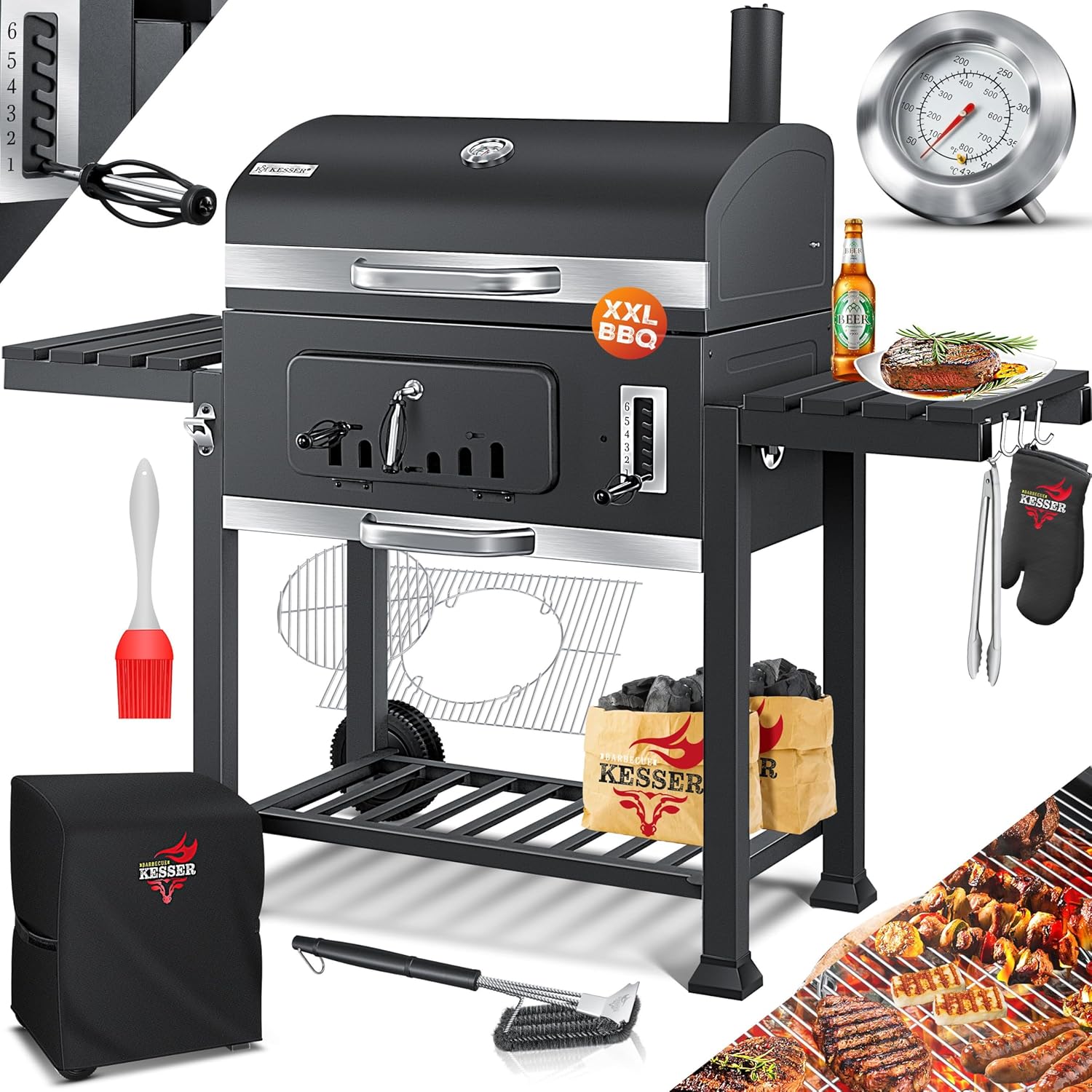 KESSER® Grillwagen BBQ Smoker XXL Holzkohlegrill mit Deckel, Rädern, Edelstahl-Griff, Thermometer, Grillrost, Bürste, Abdeckhaube & Silikon-Pinsel, Standgrill, Kohlegrillwagen