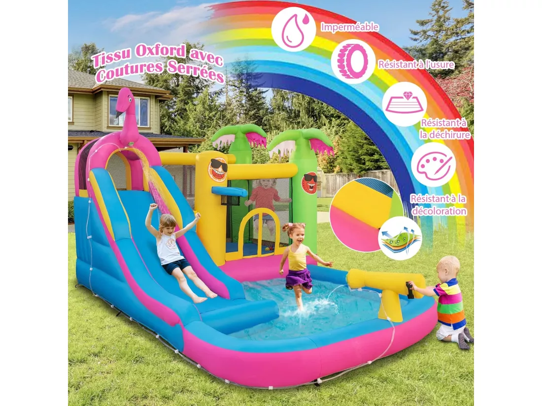 Château Gonflable Thème Tropical avec Souffleur 680W, Long Toboggan Aquatique,Piscine à Eclaboussures Ballon Océanique