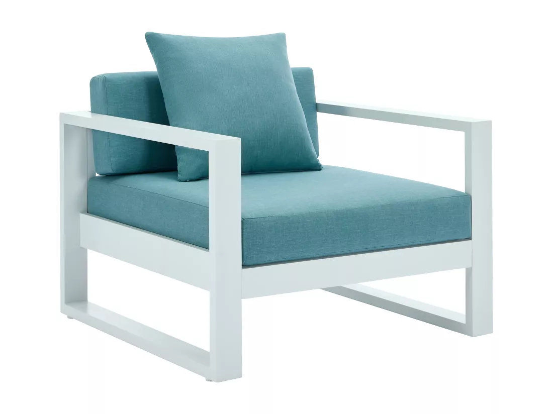 Salon de jardin en aluminium: un canapé 3 places, 2 fauteuils, une table basse - Blanc avec coussins bleus - MOLOKAI de MYLIA