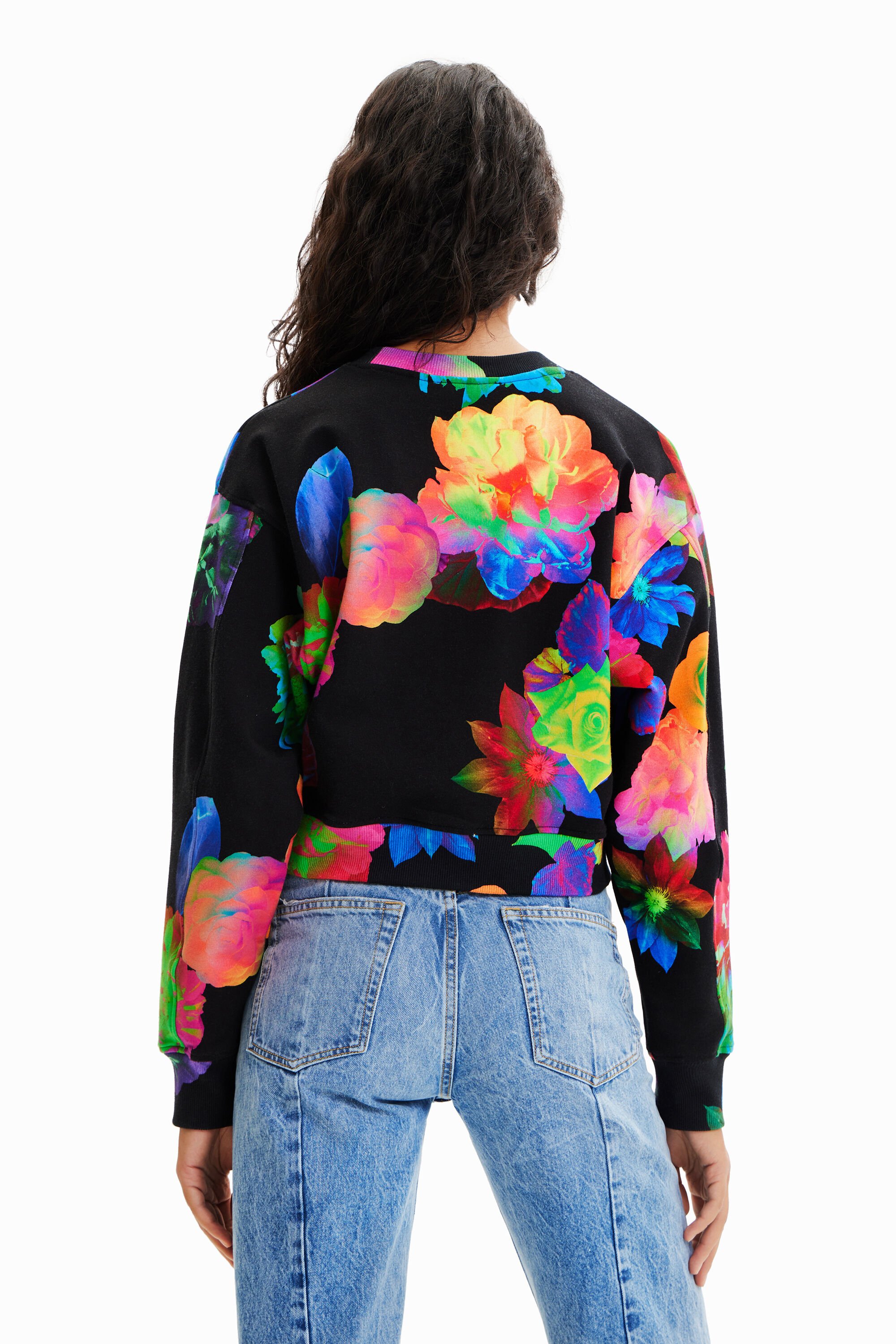 Sweat-shirt court fleurs main