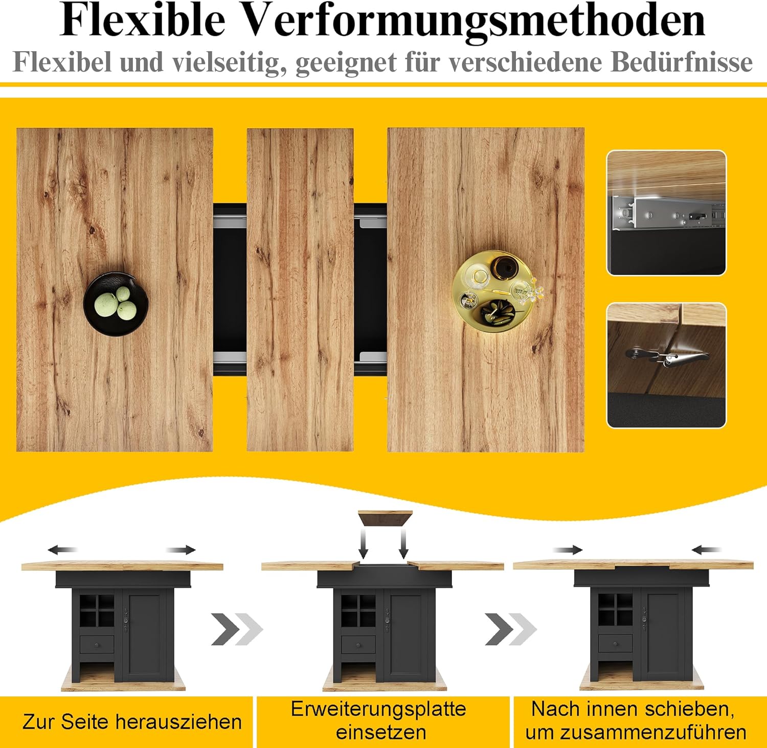 Esstisch Ausziehbar 110-140x80x75 cm mit Weinregal und Schubladen für 4-6 Personen, Esszimmertische mit Türen und Stauraum, Esszimmertisch Ausziehbar, Esszimmermöbel, Holzfarbe+Schwarz