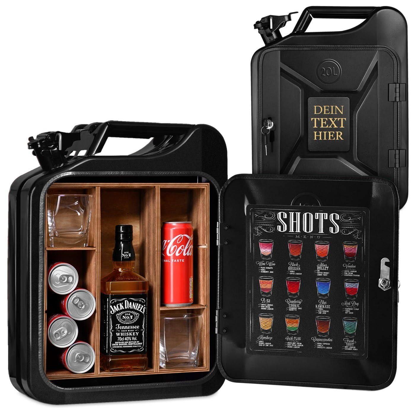 Maverton 20L Kanister Mini Bar mit Gravur Jerrycan schwarzer Metall Mo