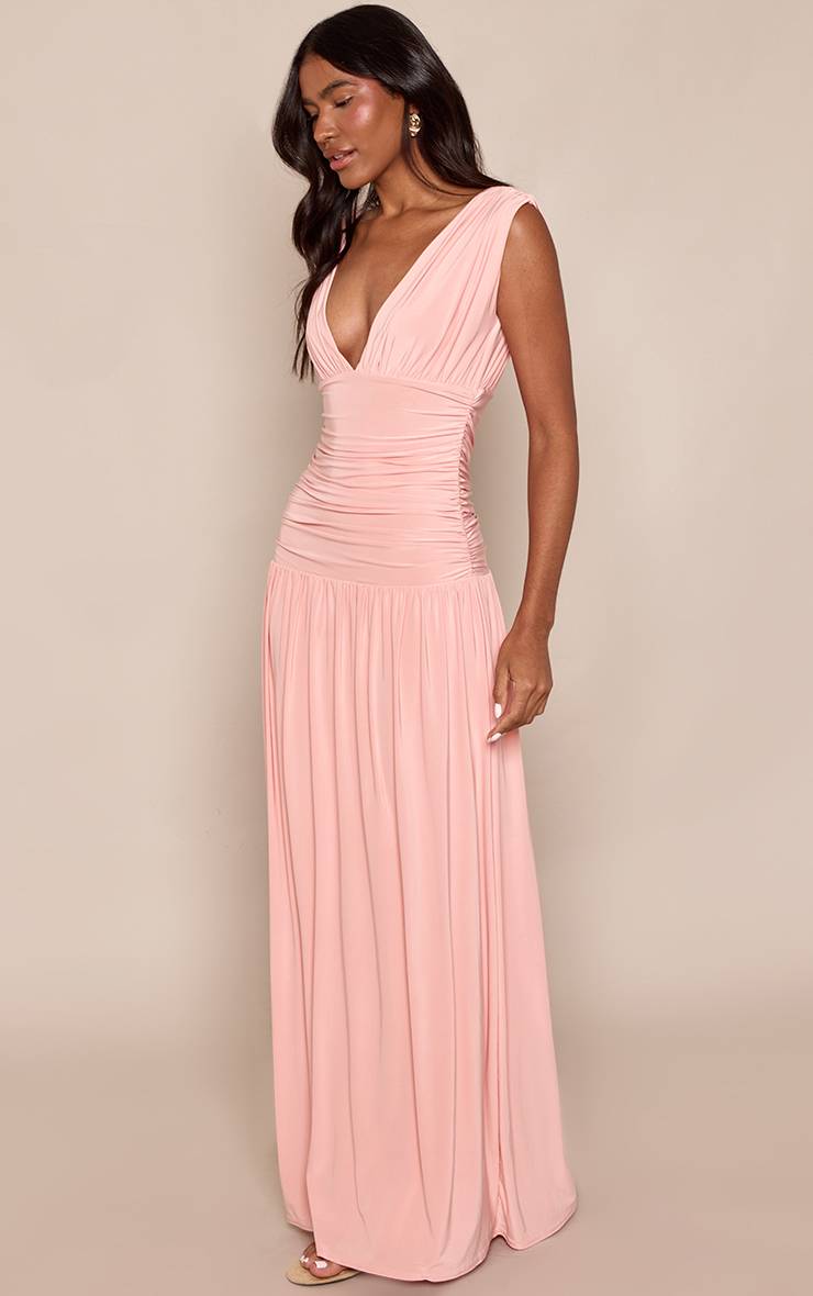 Rose Pâle Robe Longue Sans Manches À Décolleté Plongeant En Jersey Slinky Double Épaisseur