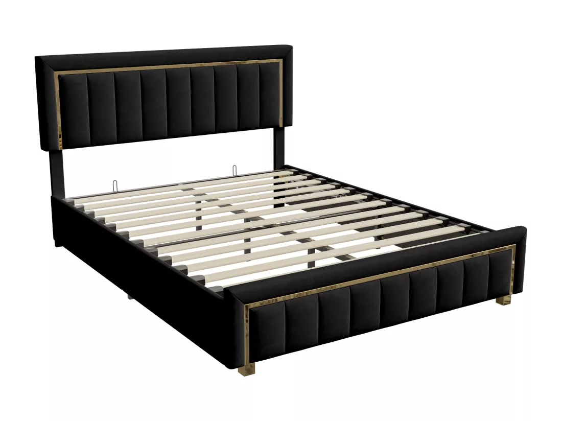 lit double rembourré 140 x 200,lit coffre avec sommier,lit adulte 140 x 200 avec levier hydraulique,velours,noir