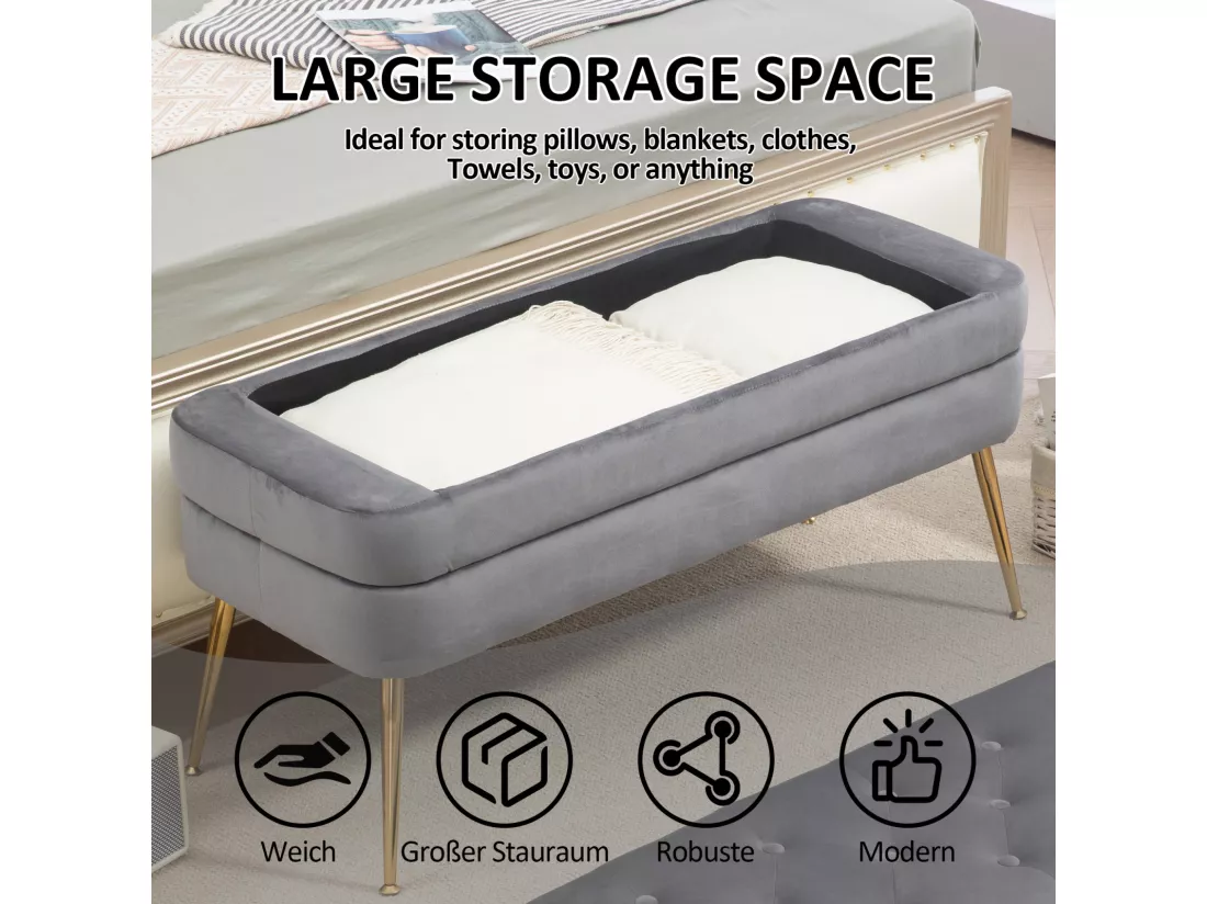 Banc rembourré ottoman de rangement, repose-pied pour entrée, salon et chambre à coucher, en velours, 104x40x51cm, gris