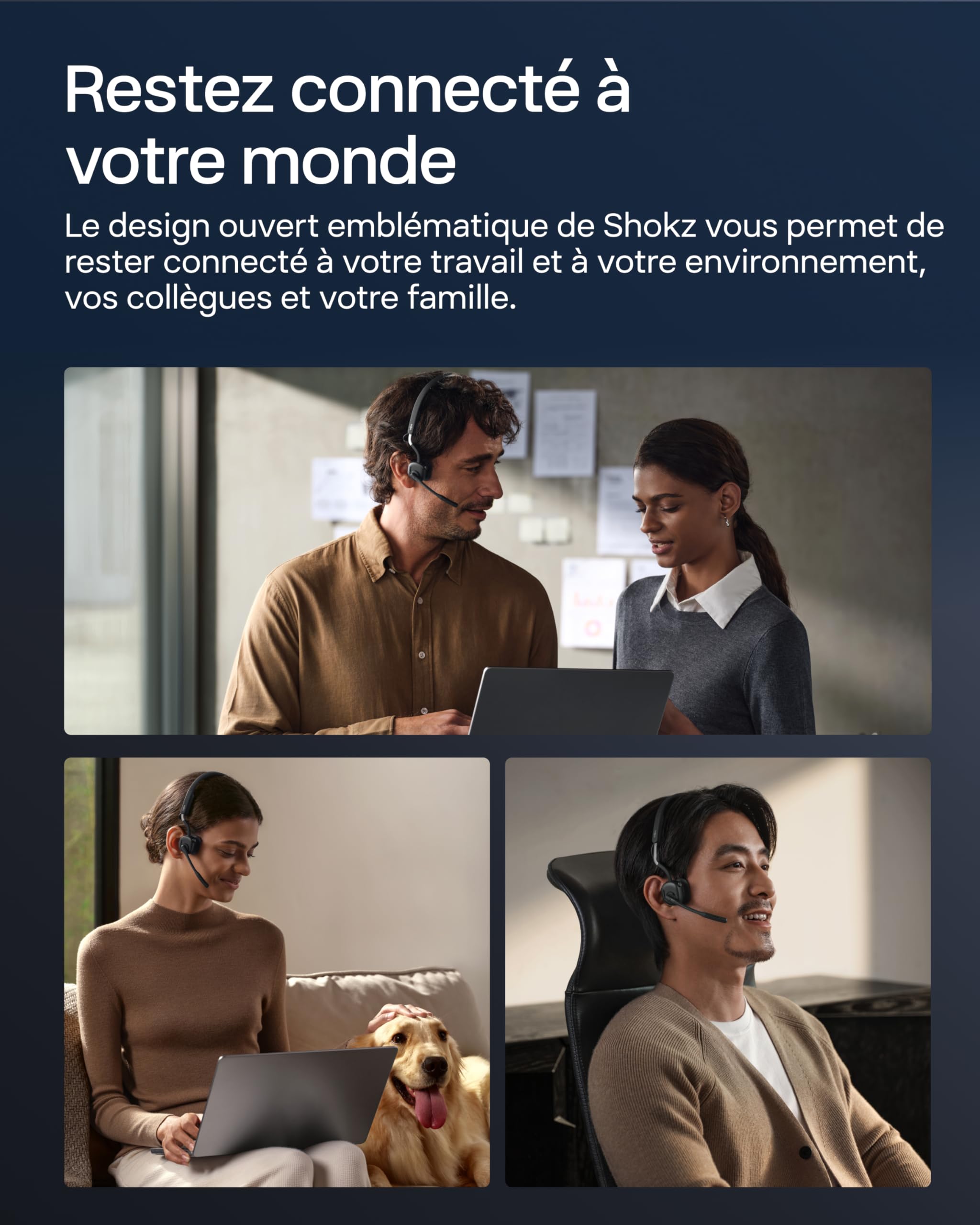 SHOKZ Casque à conduction osseuse OpenMeet UC, adaptateur USB-A, casque Bluetooth oreilles libres avec micro antibruit, écouteurs sans fil travail, appels, réunions, Bluetooth 5.4, autonomie 15 heures