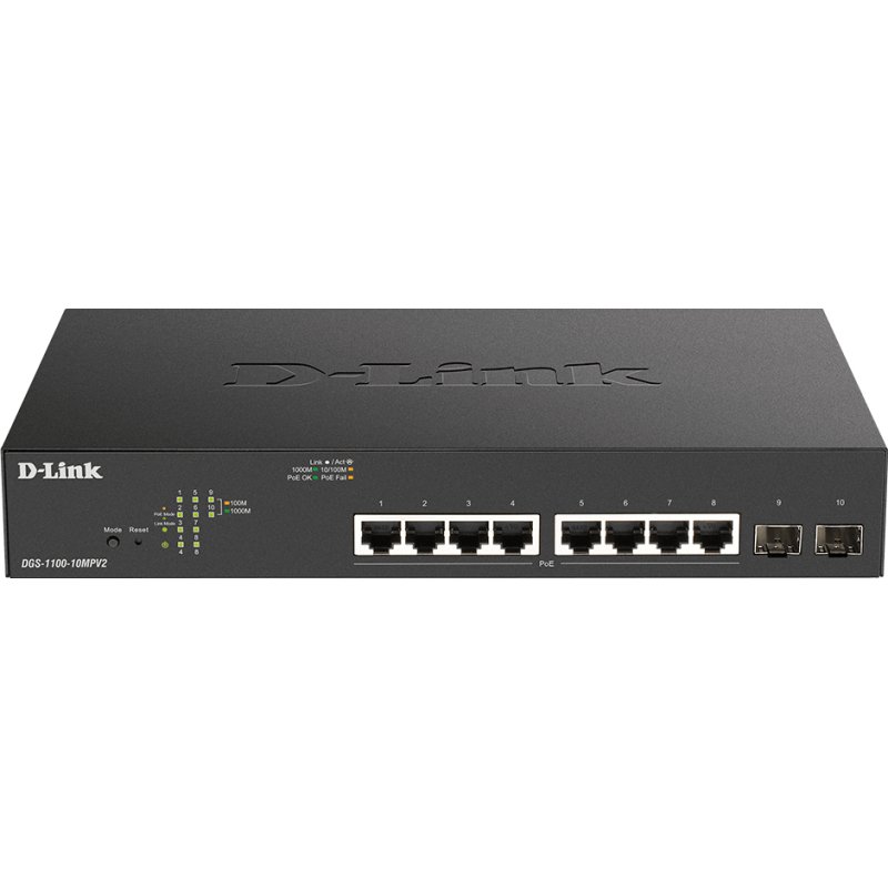 D-Link DGS-1100-10MPV2 Géré L2 Gigabit Ethernet (10/100/1000) Connexion Ethernet, supportant l'alimentation via ce port (PoE) 1U Noir