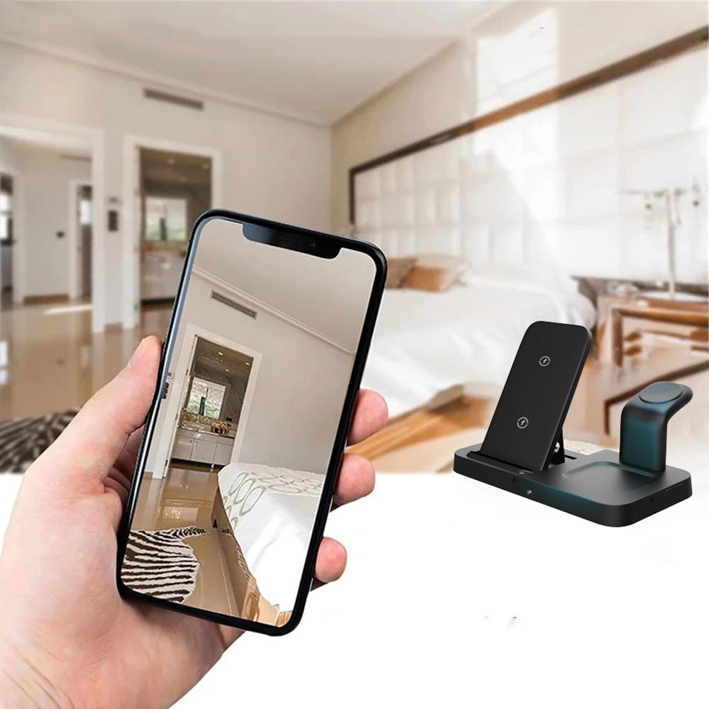 (15W) Smarte 3-in-1 iPhone / Apple Watch und AirPods Ladestation mit unsichtbarer 1080p Überwachungskamera   Micro SD Kartenslot - Schwarz