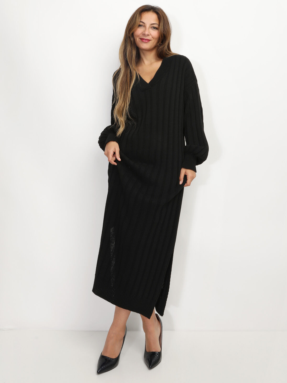 Robe en maille côtelée à fentes- Noir