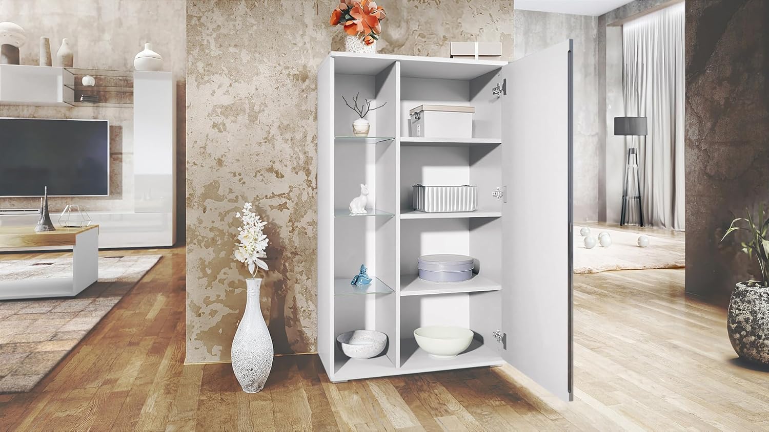 Vladon Vitrine Davos, Made in Germany, Standvitrine mit 3 Glasböden und 8 Fächer, Weiß matt/Weiß Hochglanz (71,5 x 134 x 35 cm)