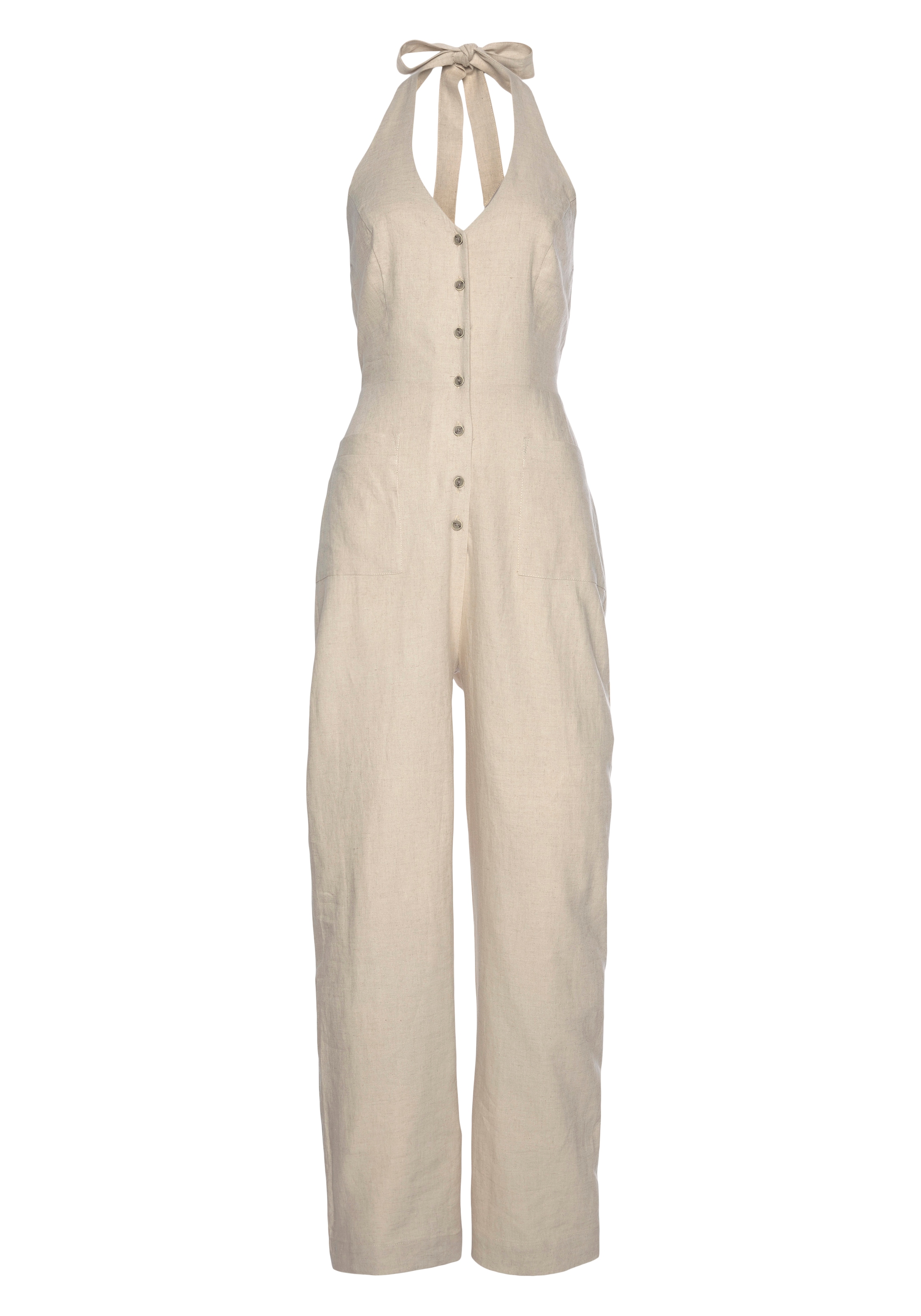 LASCANA Neckholder-Overall aus Leinen-Mix, sommerlicher Jumpsuit mit weitem Bein