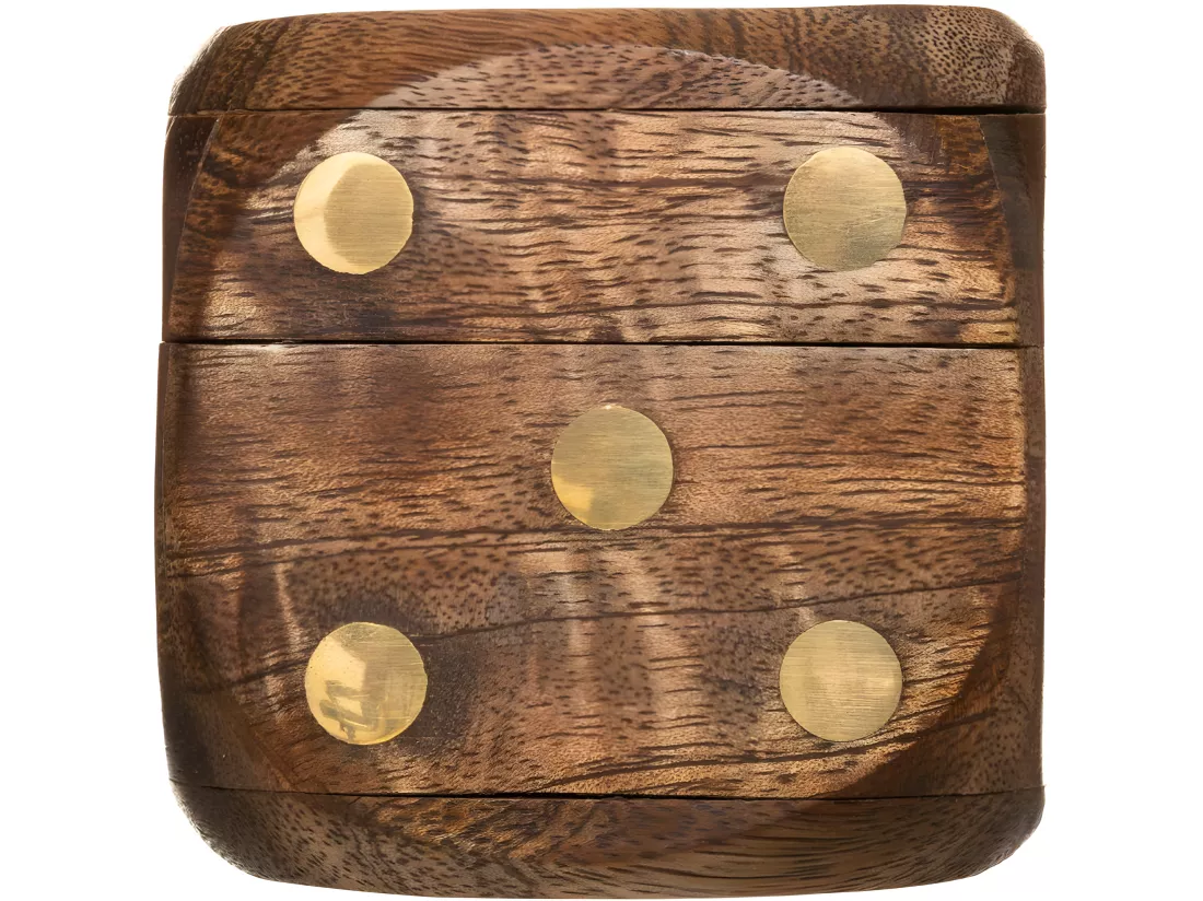 Objet déco Jeu de 5 Dés dans une Boite en forme de Dé en Bois de Manguier et Laiton