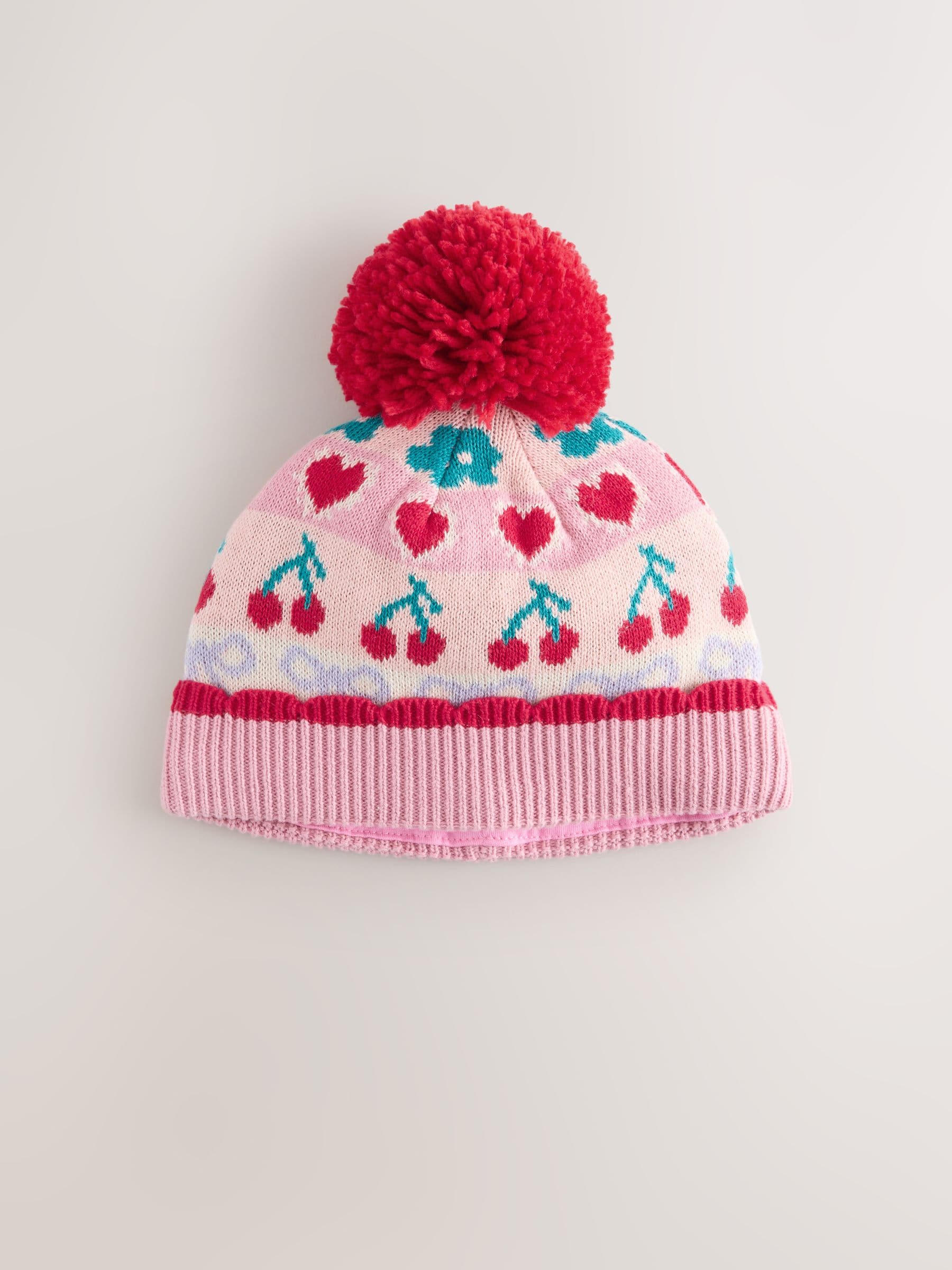 Roze - Baby gebreide Hoed met kersen Fairisle-patroon en pompon (0mnd -2jr)