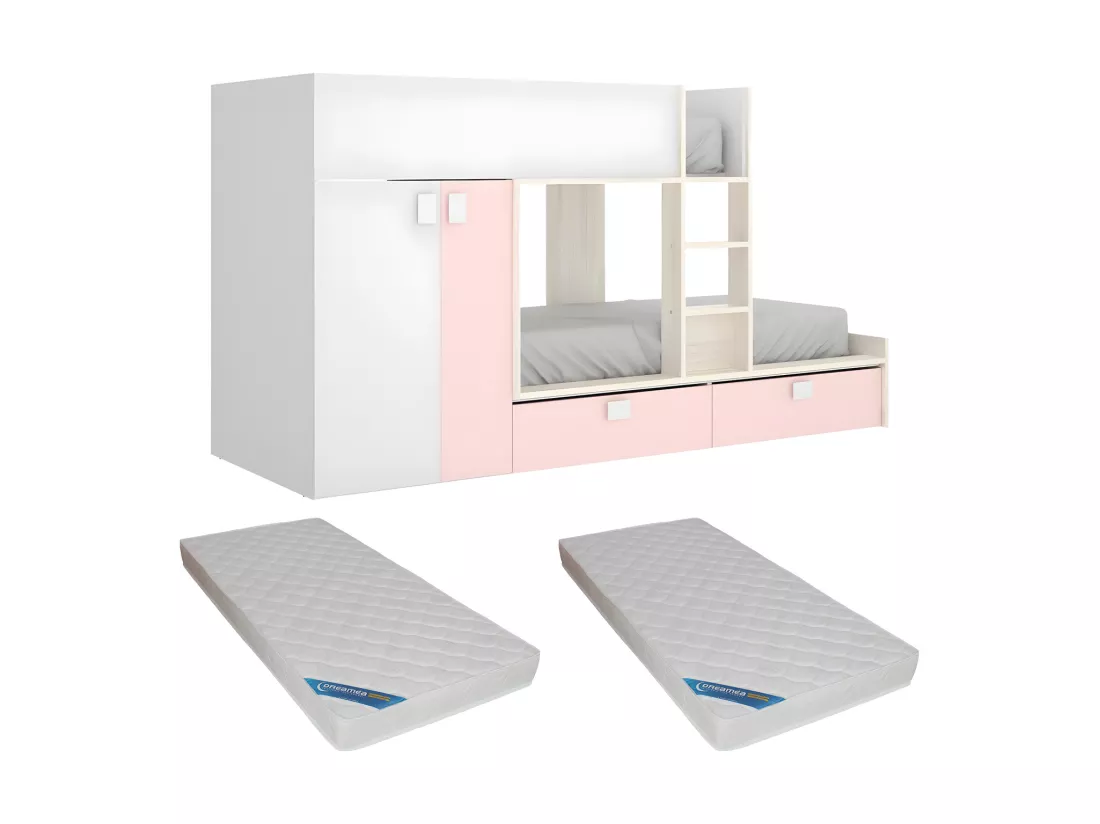 Lits Superposés 2 x 90 x 190 cm - Armoire intégrée - Blanc, naturel et rose + matelas - JUANITO