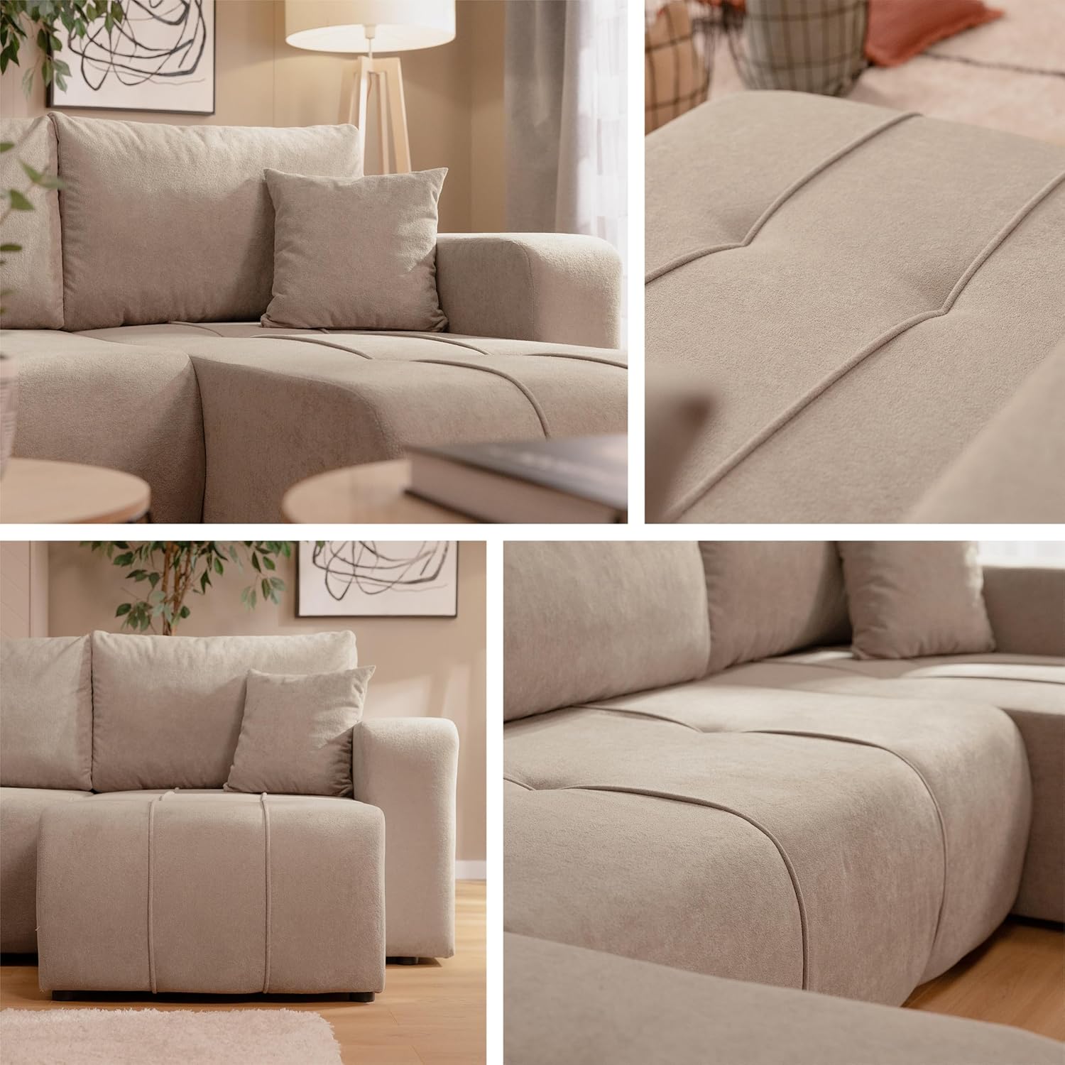 Mirjan24 Wohnlandschaft Furyn U Boucle, Ecksofa mit Schlaffunktion und Bettkasten, U-Form Couch, symmetrisches Polstersofa, Eckcouch (Coral 45)