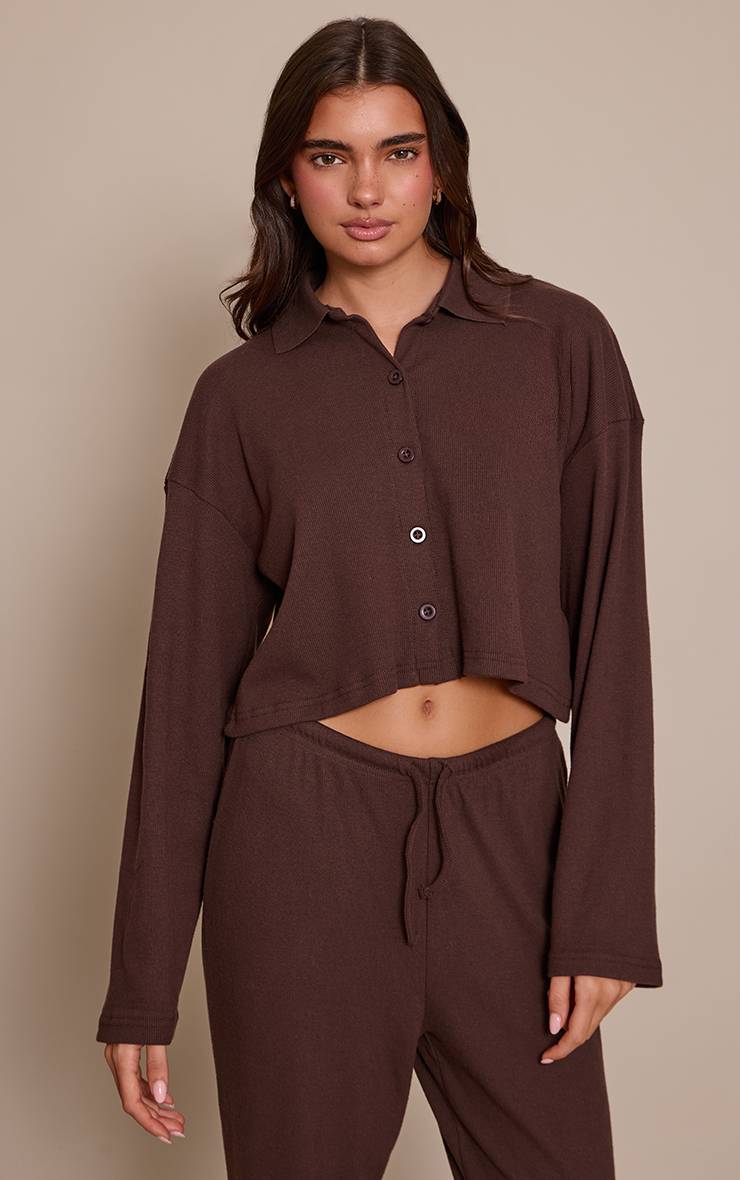 Chocolate Brown Chemise Côtelée Brossée À Boutons