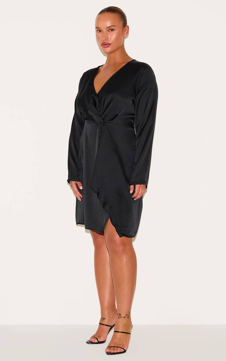 Noir Robe Portefeuille Satinée À Manches Longues Grande Taille