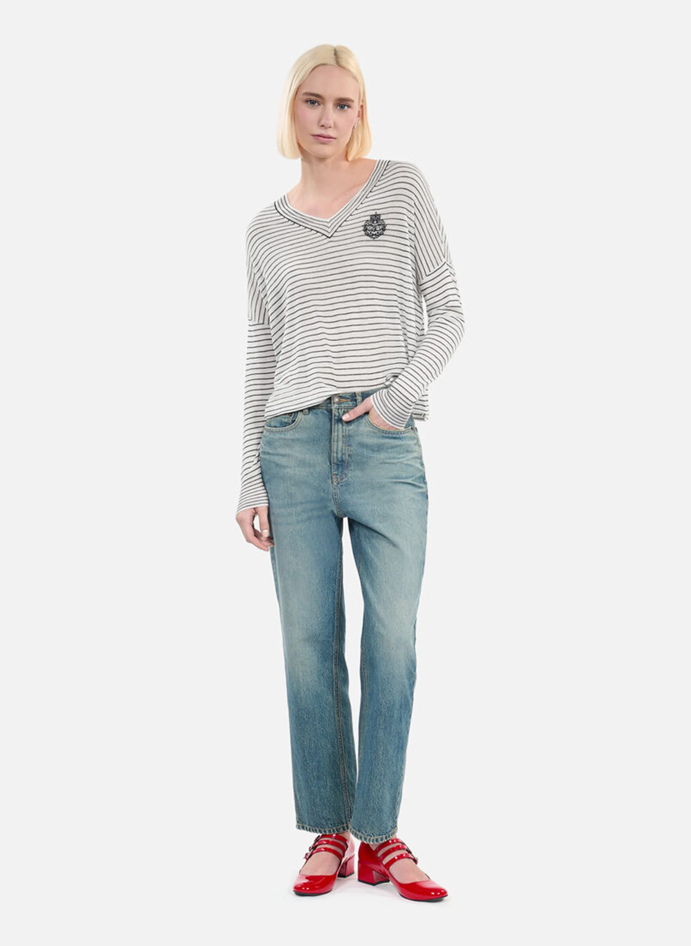 Pull ample rayé en laine et cachemire | Blanc